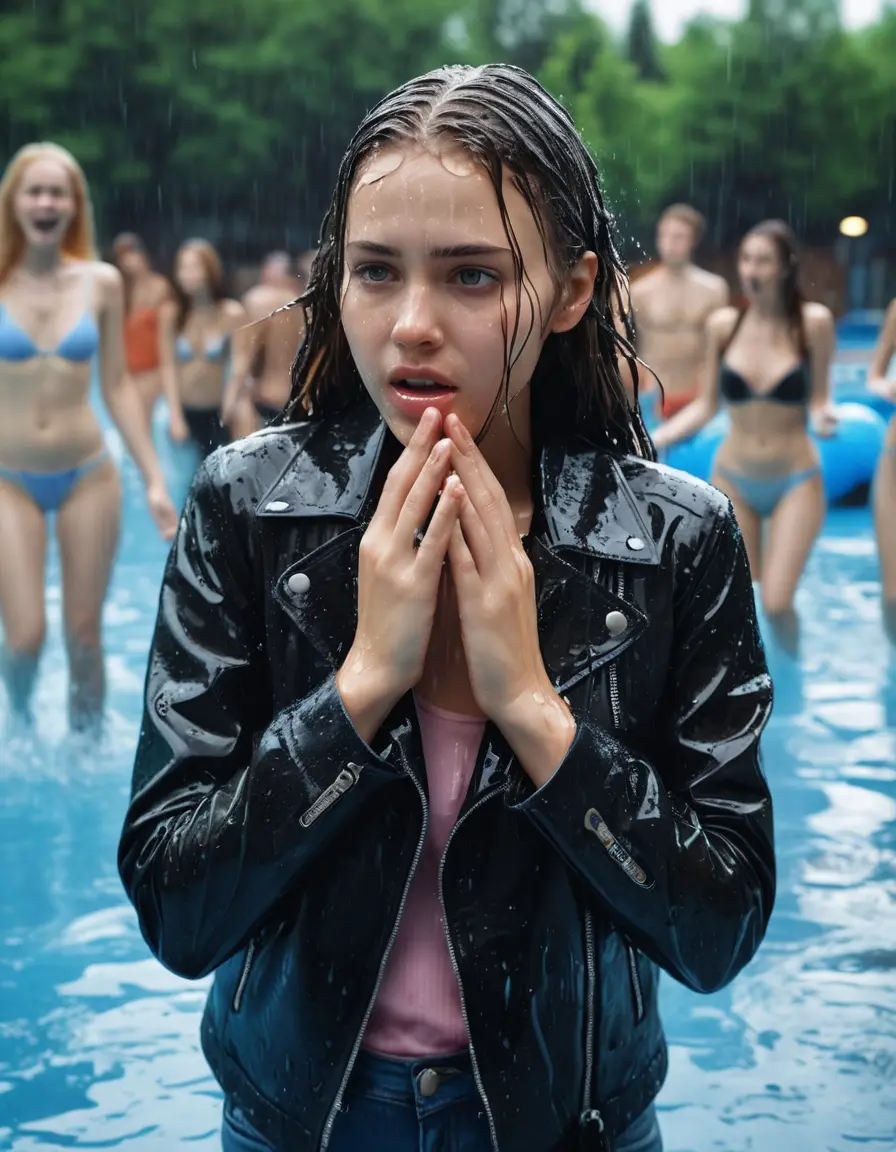 photo of young woman, in soaking wet, drenched clothes,
ankle boots , super skin tight denim jeans, slim fit black biker leatherjacket, tight light pink knit turtleneck sweater, handbag , fifteen years old horny blonde teenage girl with her friends holds her hand over her mouth and nose climbs out of the pool partly underwater up to the neck at party in a crowded waterpark, completely wet from the rain, open mouth, big eyes, 
enjoying, wet clothes stuck to body,
detailed textures of the wet clothes, wet face, wet plastered hair,
wet, drenched, professional, high-quality details, full body view.
sharp focus, ultra-high pixel detail, realistic, high-quality, full colors, incredibly detailed, 4k, 8k, 16k, hyper-realistic, RAW photo, masterpiece, ultra-detailed, professionally color graded, professional photograph, fifteen years old, completely soaked, completely dripping wet, very wet clothes, sleek long straight hair, worried and embarrassed facial expression, slight yawn, moaning,  all girls wear different styles of clothes, carrying a dripping wet smal handbag, a lot of people stands in the background, close-up, view from above, highly realistic representation, ultra sharp focus, highly photorealistic detailed facial features and expressions, highly photorealistic hands, highly best quality, highly sharp photorealistic image, highly photorealistic details, highest photorealistic wet clothes, full UHD resolution, highest photorealistic sharpness of the image, 32 K