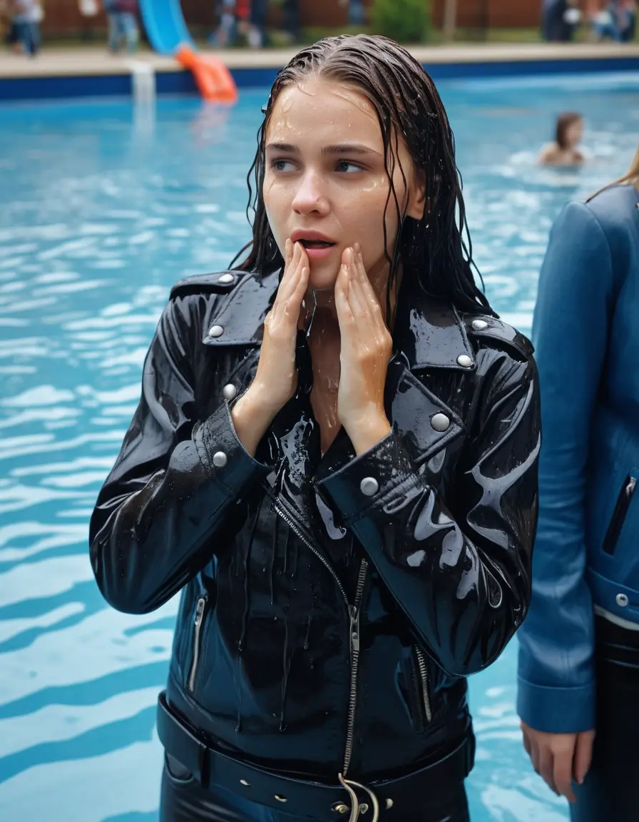 photo of young woman, in soaking wet, drenched clothes,
ankle boots , super skin tight denim jeans, slim fit black biker leatherjacket, tight beige knit turtleneck sweater, handbag , fifteen years old horny blonde teenage girl with her friends holds her hand over her mouth and nose climbs out of the pool partly underwater up to the neck at party in a crowded waterpark, completely wet from the rain, open mouth, big eyes, 
enjoying, wet clothes stuck to body,
detailed textures of the wet clothes, wet face, wet plastered hair,
wet, drenched, professional, high-quality details, full body view.
sharp focus, ultra-high pixel detail, realistic, high-quality, full colors, incredibly detailed, 4k, 8k, 16k, hyper-realistic, RAW photo, masterpiece, ultra-detailed, professionally color graded, professional photograph, fifteen years old, completely soaked, completely dripping wet, very wet clothes, sleek long straight hair, worried and embarrassed facial expression, slight yawn, moaning,  all girls wear different styles of clothes, carrying a dripping wet smal handbag, a lot of people stands in the background, close-up, view from above, highly realistic representation, ultra sharp focus, highly photorealistic detailed facial features and expressions, highly photorealistic hands, highly best quality, highly sharp photorealistic image, highly photorealistic details, highest photorealistic wet clothes, full UHD resolution, highest photorealistic sharpness of the image, 32 K