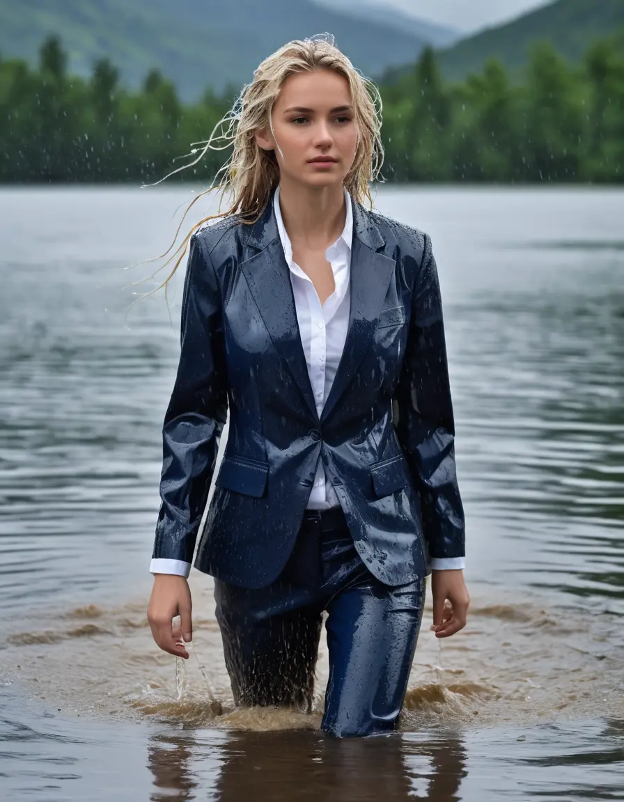 photo of young woman, in soaking wet, drenched clothes,
Dark Blue Business Trouser, Dark Blue Business Suit Jacket with white button down shirt, Clear Mountain lake with heavy rain, 
enjoying, wet clothes stuck to body,
detailed textures of the wet clothes, wet face, wet plastered hair,
wet, drenched, professional, high-quality details, full body view.
sharp focus, ultra-high pixel detail, realistic, high-quality, full colors, incredibly detailed, 4k, 8k, 16k, hyper-realistic, RAW photo, masterpiece, ultra-detailed, professionally color graded, professional photograph, young elegant white blonde haired beautiful women, breast deep submerged, under a big rainshower, fully clothed, completely soaked, fully drenched, completely wet, wetlook, heavy rain, side parting, open hair, long hair, rain storm, looks confidently into camera