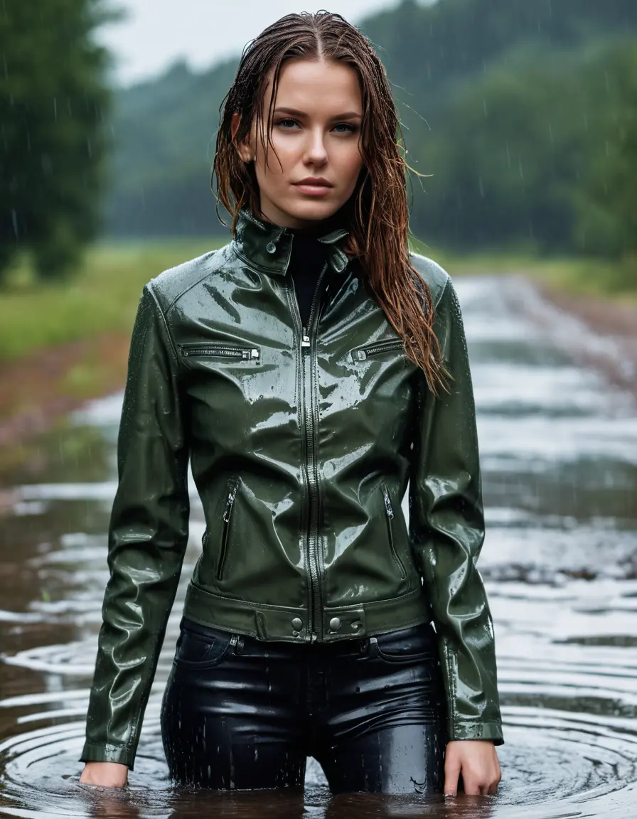photo of young woman, in soaking wet, drenched clothes,
tight leather boots, skin tight black leather jeans, slim fit green biker leatherjacket, tight light black latex turtleneck sweater,, soaked, heavy rain, storm, 
enjoying, wet clothes stuck to body,
detailed textures of the wet clothes, wet face, wet plastered hair,
wet, drenched, professional, high-quality details, full body view.
sharp focus, ultra-high pixel detail, realistic, high-quality, full colors, incredibly detailed, 4k, 8k, 16k, hyper-realistic, RAW photo, masterpiece, ultra-detailed, professionally color graded, professional photograph, white woman, long dripping wet brown hair