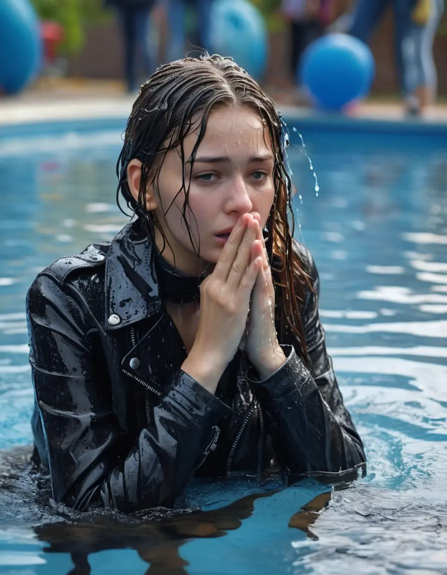 photo of young woman, in soaking wet, drenched clothes,
ankle boots , super skin tight denim jeans, slim fit black biker leatherjacket, tight light pink knit turtleneck sweater, handbag , fifteen years old horny blonde teenage girl with her friends holds her hand over her mouth and nose lies completely submerged in pool partly underwater up to the neck at party in a crowded waterpark, completely wet from the rain, open mouth, big eyes, 
enjoying, wet clothes stuck to body,
detailed textures of the wet clothes, wet face, wet plastered hair,
wet, drenched, professional, high-quality details, full body view.
sharp focus, ultra-high pixel detail, realistic, high-quality, full colors, incredibly detailed, 4k, 8k, 16k, hyper-realistic, RAW photo, masterpiece, ultra-detailed, professionally color graded, professional photograph, fifteen years old, completely soaked, completely dripping wet, very wet clothes, sleek long straight hair, worried and embarrassed facial expression, slight yawn, moaning,  all girls wear different styles of clothes, carrying a dripping wet smal handbag, a lot of people stands in the background, close-up, view from above, highly realistic representation, ultra sharp focus, highly photorealistic detailed facial features and expressions, highly photorealistic hands, highly best quality, highly sharp photorealistic image, highly photorealistic details, highest photorealistic wet clothes, full UHD resolution, highest photorealistic sharpness of the image, 32 K