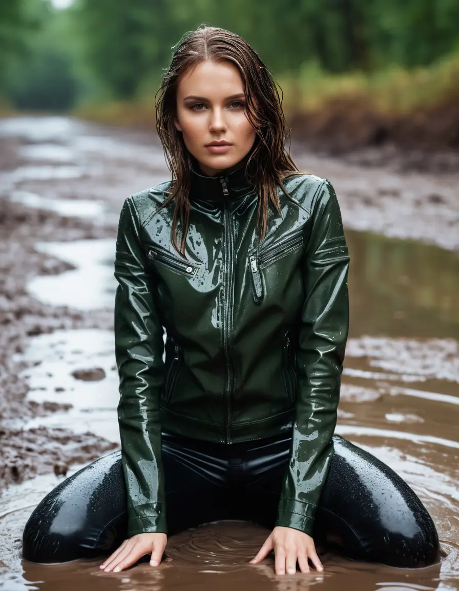 photo of young woman, in soaking wet, drenched clothes,
tight leather boots, skin tight black leather jeans, slim fit green biker leatherjacket, tight light black latex turtleneck sweater,, lying on mud in heavy rain, 
enjoying, wet clothes stuck to body,
detailed textures of the wet clothes, wet face, wet plastered hair,
wet, drenched, professional, high-quality details, full body view.
sharp focus, ultra-high pixel detail, realistic, high-quality, full colors, incredibly detailed, 4k, 8k, 16k, hyper-realistic, RAW photo, masterpiece, ultra-detailed, professionally color graded, professional photograph, white woman, long dripping wet brown hair