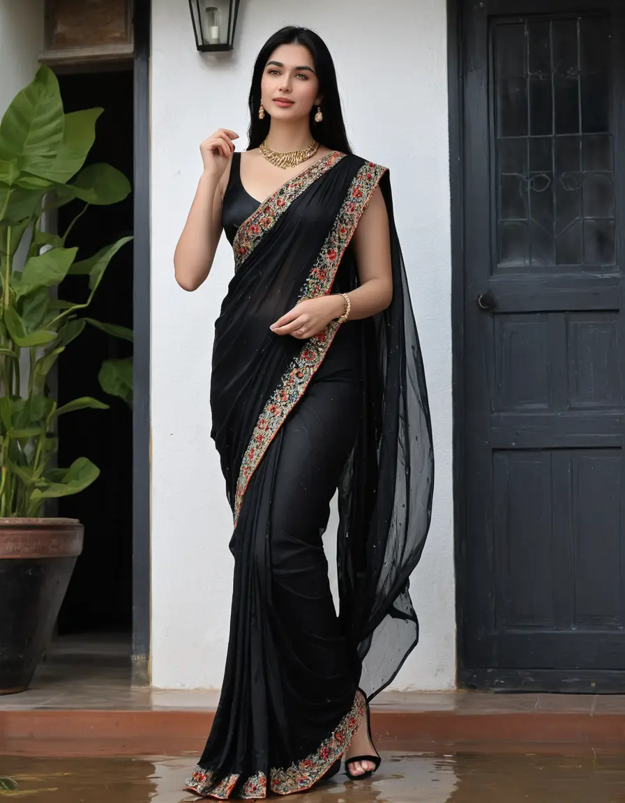 photo of young woman, in soaking wet, drenched clothes,
Stilletto heels, Silk pants, Embroidery,  long black Saree skin tight , Outdoor house ,grope another female , 
enjoying, wet clothes stuck to body,
detailed textures of the wet clothes, wet face, wet plastered hair,
wet, drenched, professional, high-quality details, full body view.
sharp focus, ultra-high pixel detail, realistic, high-quality, full colors, incredibly detailed, 4k, 8k, 16k, hyper-realistic, RAW photo, masterpiece, ultra-detailed, professionally color graded, professional photograph, Straight open  wavy hairstyle , , pear shaped body,  wrist watch, thin necklace t ,  , no make up, 4.6feet tall model , 36b bra size, 