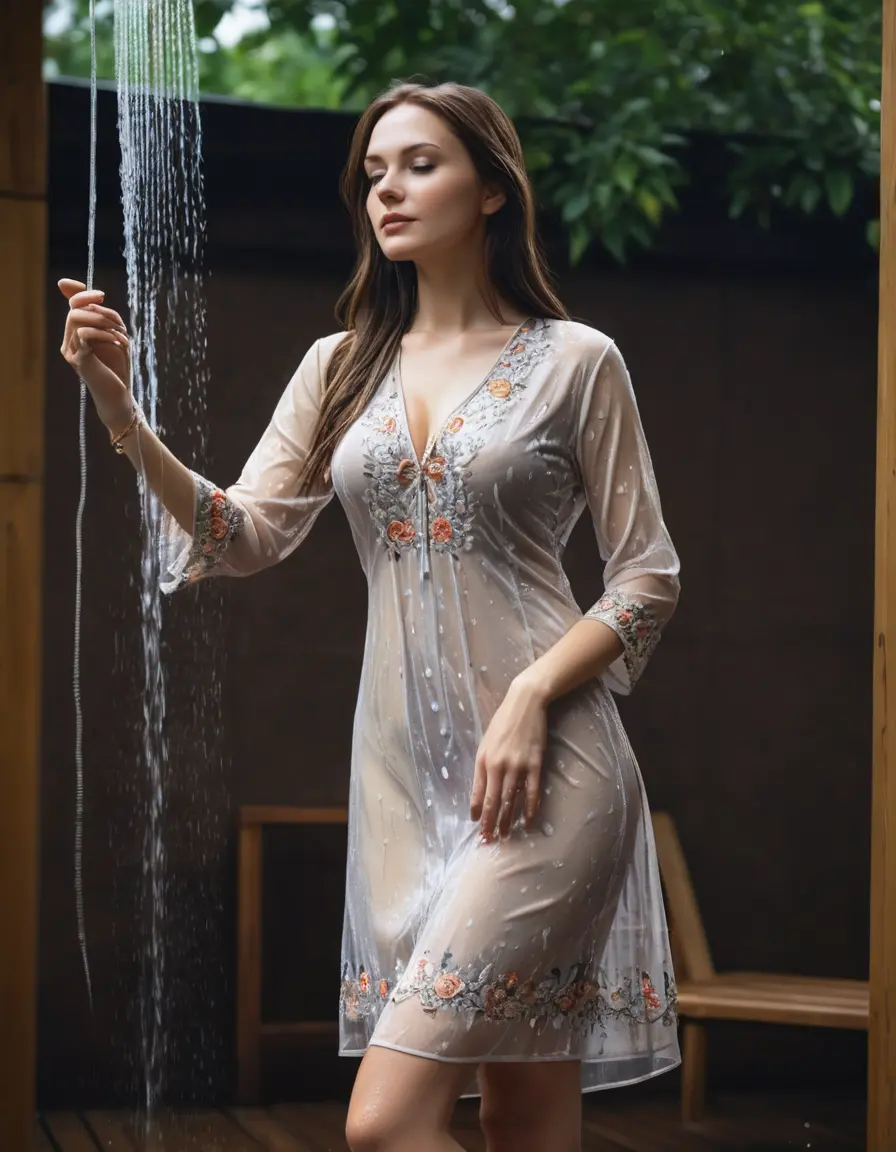photo of young woman, in soaking wet, drenched clothes,
Stilletto heels, Silky , Embroidery,  long kurti skin tight , Outdoor shower ,grope another female , 
enjoying, wet clothes stuck to body,
detailed textures of the wet clothes, wet face, wet plastered hair,
wet, drenched, professional, high-quality details, full body view.
sharp focus, ultra-high pixel detail, realistic, high-quality, full colors, incredibly detailed, 4k, 8k, 16k, hyper-realistic, RAW photo, masterpiece, ultra-detailed, professionally color graded, professional photograph, Straight open  wavy hairstyle , , pear shaped body,  wrist watch, thin necklace t ,  , no make up, 4.6feet tall model , 36b bra size, 