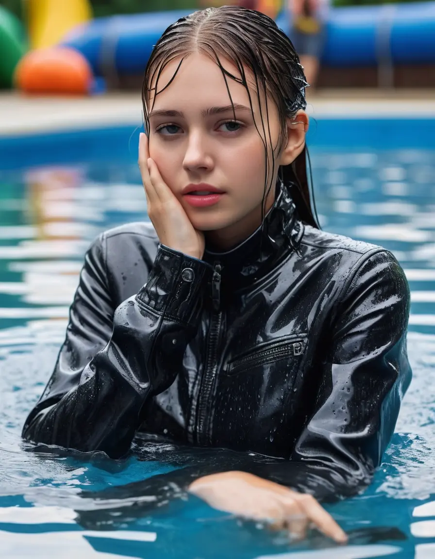 photo of young woman, in soaking wet, drenched clothes,
ankle boots , super skin tight denim jeans, slim fit black biker leatherjacket, tight grey knit turtleneck sweater, handbag , fifteen years old horny blonde teenage girl with her girlfriend holds her hand over her mouth and nose lies completely submerged in pool partly underwater up to the neck at party in a crowded waterpark, completely wet from the rain, open mouth, big eyes, 
enjoying, wet clothes stuck to body,
detailed textures of the wet clothes, wet face, wet plastered hair,
wet, drenched, professional, high-quality details, full body view.
sharp focus, ultra-high pixel detail, realistic, high-quality, full colors, incredibly detailed, 4k, 8k, 16k, hyper-realistic, RAW photo, masterpiece, ultra-detailed, professionally color graded, professional photograph, fifteen years old, completely soaked, completely dripping wet, very wet clothes, sleek long straight hair, sleek ponytail, worried and embarrassed facial expression, slight yawn, moaning,  all girls wear different styles of clothes, take a handbag into the water, a lot of people stands in the background, close-up, view from above, highly realistic representation, ultra sharp focus, highly photorealistic detailed facial features and expressions, highly photorealistic hands, highly best quality, highly sharp photorealistic image, highly photorealistic details, highest photorealistic wet clothes, full UHD resolution, highest photorealistic sharpness of the image, 32 K
