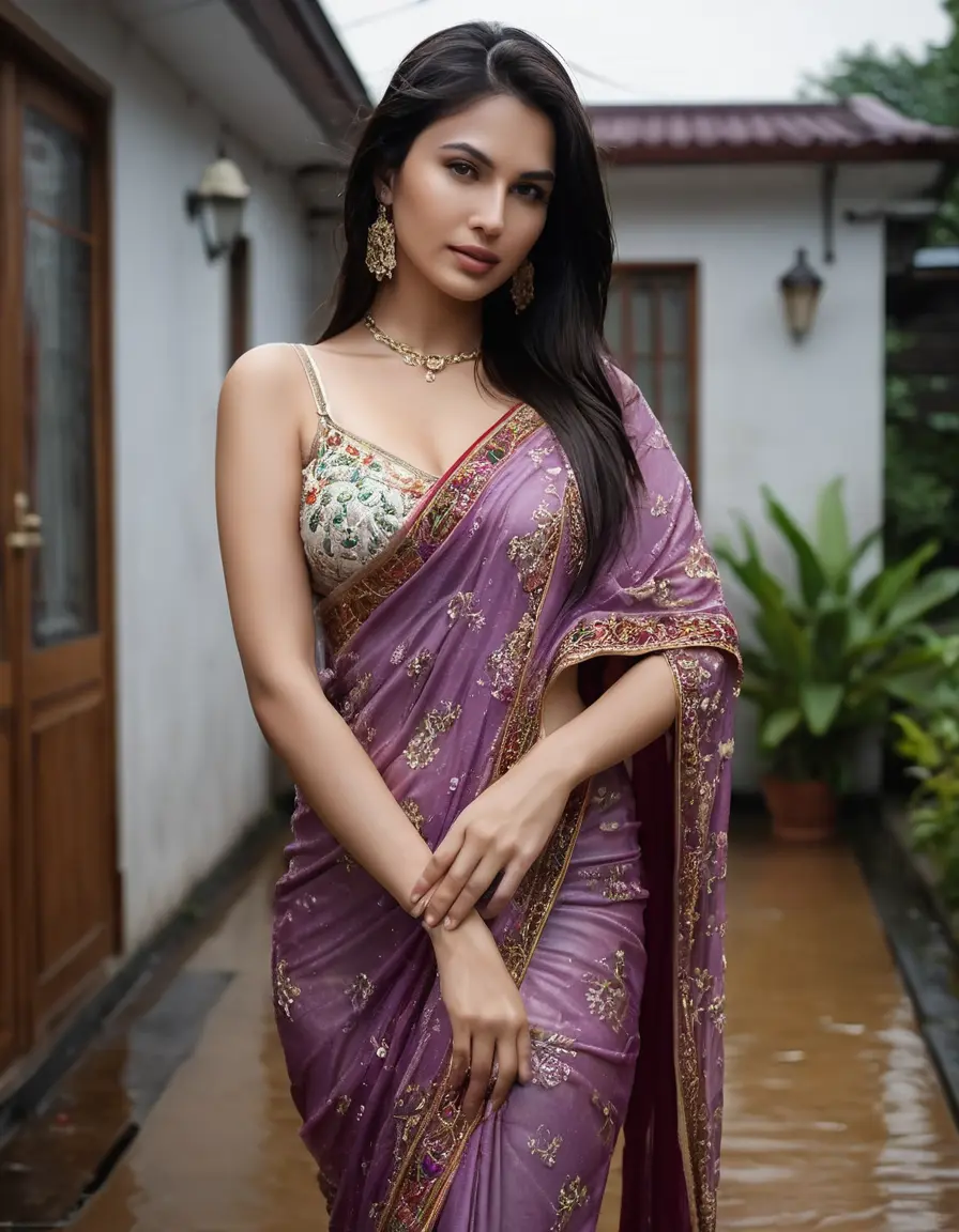 photo of young woman, in soaking wet, drenched clothes,
Stilletto heels, Silk pants, Embroidery,  long Saree skin tight , Outdoor house ,grope another female , 
enjoying, wet clothes stuck to body,
detailed textures of the wet clothes, wet face, wet plastered hair,
wet, drenched, professional, high-quality details, full body view.
sharp focus, ultra-high pixel detail, realistic, high-quality, full colors, incredibly detailed, 4k, 8k, 16k, hyper-realistic, RAW photo, masterpiece, ultra-detailed, professionally color graded, professional photograph, Straight open  wavy hairstyle , , pear shaped body,  wrist watch, thin necklace t ,  , no make up, 4.6feet tall model , 36b bra size, 