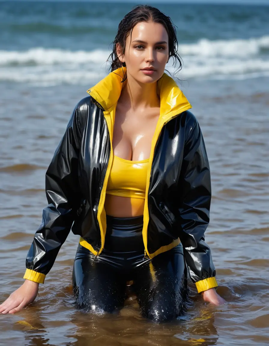 photo of young woman, in soaking wet, drenched clothes,
high heels, leather leggings, yellow transparent t-shirt, black wet shiny pvc puffer jacket, Swimming in sea, 
enjoying, wet clothes stuck to body,
detailed textures of the wet clothes, wet face, wet plastered hair,
wet, drenched, professional, high-quality details, full body view.
sharp focus, ultra-high pixel detail, realistic, high-quality, full colors, incredibly detailed, 4k, 8k, 16k, hyper-realistic, RAW photo, masterpiece, ultra-detailed, professionally color graded, professional photograph, 65 years old fat black mature, big boobs