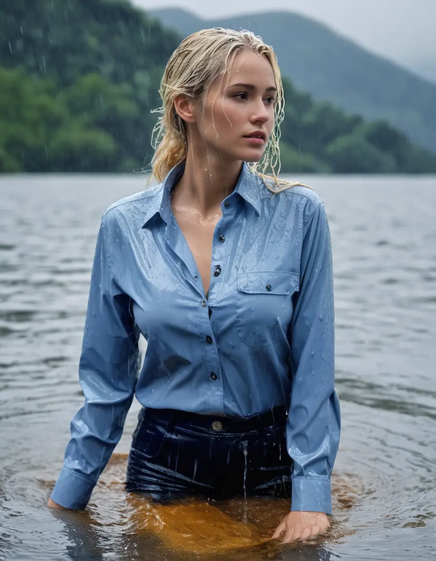 photo of young woman, in soaking wet, drenched clothes,
Dark Blue Business Trouser, Light Blue button down business shirt longsleeve, Clear Mountain lake with heavy rain, 
enjoying, wet clothes stuck to body,
detailed textures of the wet clothes, wet face, wet plastered hair,
wet, drenched, professional, high-quality details, full body view.
sharp focus, ultra-high pixel detail, realistic, high-quality, full colors, incredibly detailed, 4k, 8k, 16k, hyper-realistic, RAW photo, masterpiece, ultra-detailed, professionally color graded, professional photograph, young elegant white blonde haired beautiful women, breast deep submerged, under a big rainshower, fully clothed, completely soaked, fully drenched, completely wet, wetlook, heavy rain, side parting, open hair, long hair, rain storm, looks confidently into camera