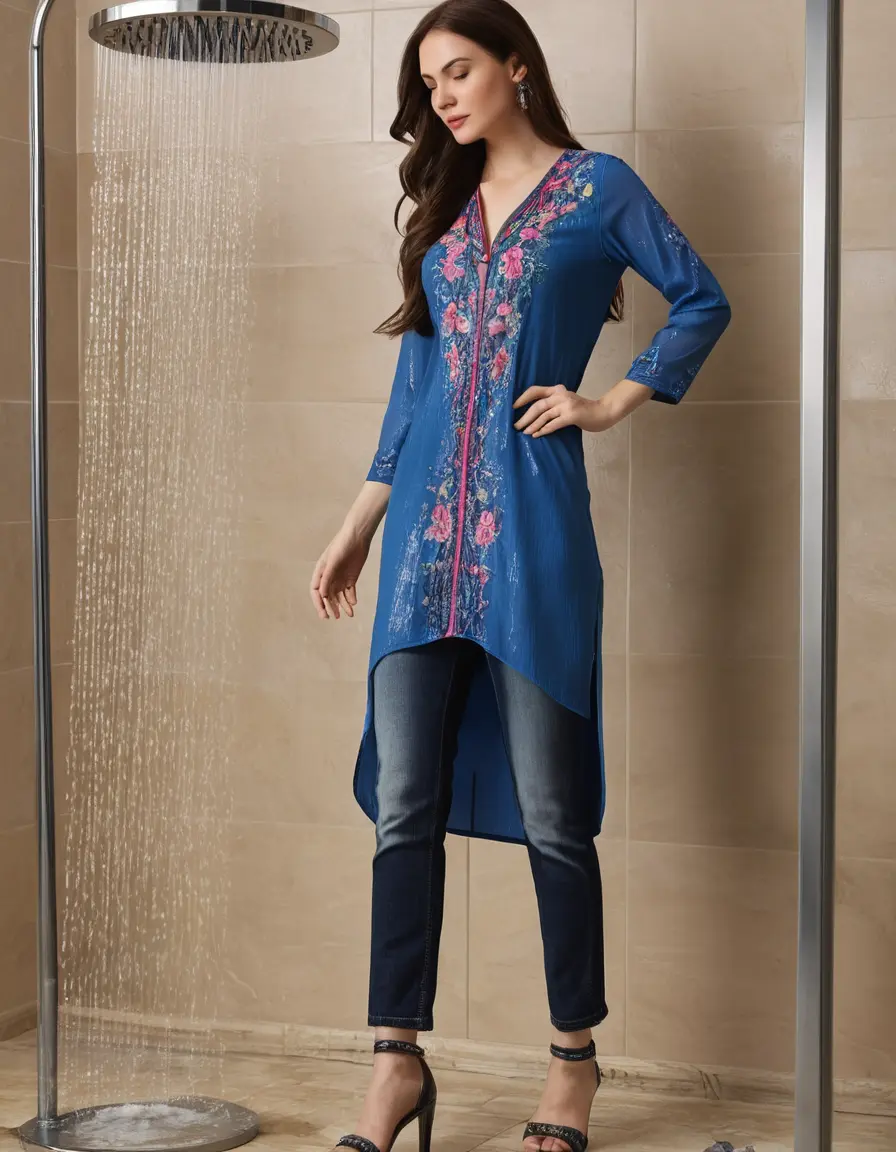 photo of young woman, in soaking wet, drenched clothes,
Stilletto heels, Silky Jeans, Embroidery,  long kurti skin tight , Facing shower ,grope another female , 
enjoying, wet clothes stuck to body,
detailed textures of the wet clothes, wet face, wet plastered hair,
wet, drenched, professional, high-quality details, full body view.
sharp focus, ultra-high pixel detail, realistic, high-quality, full colors, incredibly detailed, 4k, 8k, 16k, hyper-realistic, RAW photo, masterpiece, ultra-detailed, professionally color graded, professional photograph, Straight open  wavy hairstyle , , pear shaped body,  wrist watch, thin necklace t ,  , no make up, 4.6feet tall model , 36b bra size, 