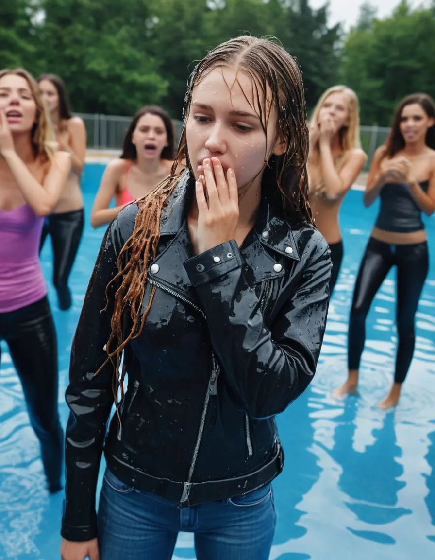 photo of young woman, in soaking wet, drenched clothes,
ankle boots , super skin tight denim jeans, slim fit black biker leatherjacket, tight light pink knit turtleneck sweater, handbag , fifteen years old horny blonde teenage girl with her friends holds her hand over her mouth and nose climbs out of the pool partly underwater up to the neck at party in a crowded waterpark, completely wet from the rain, open mouth, big eyes, 
enjoying, wet clothes stuck to body,
detailed textures of the wet clothes, wet face, wet plastered hair,
wet, drenched, professional, high-quality details, full body view.
sharp focus, ultra-high pixel detail, realistic, high-quality, full colors, incredibly detailed, 4k, 8k, 16k, hyper-realistic, RAW photo, masterpiece, ultra-detailed, professionally color graded, professional photograph, fifteen years old, completely soaked, completely dripping wet, very wet clothes, sleek long straight hair, worried and embarrassed facial expression, slight yawn, moaning,  all girls wear different styles of clothes, carrying a dripping wet smal handbag, a lot of people stands in the background, close-up, view from above, highly realistic representation, ultra sharp focus, highly photorealistic detailed facial features and expressions, highly photorealistic hands, highly best quality, highly sharp photorealistic image, highly photorealistic details, highest photorealistic wet clothes, full UHD resolution, highest photorealistic sharpness of the image, 32 K