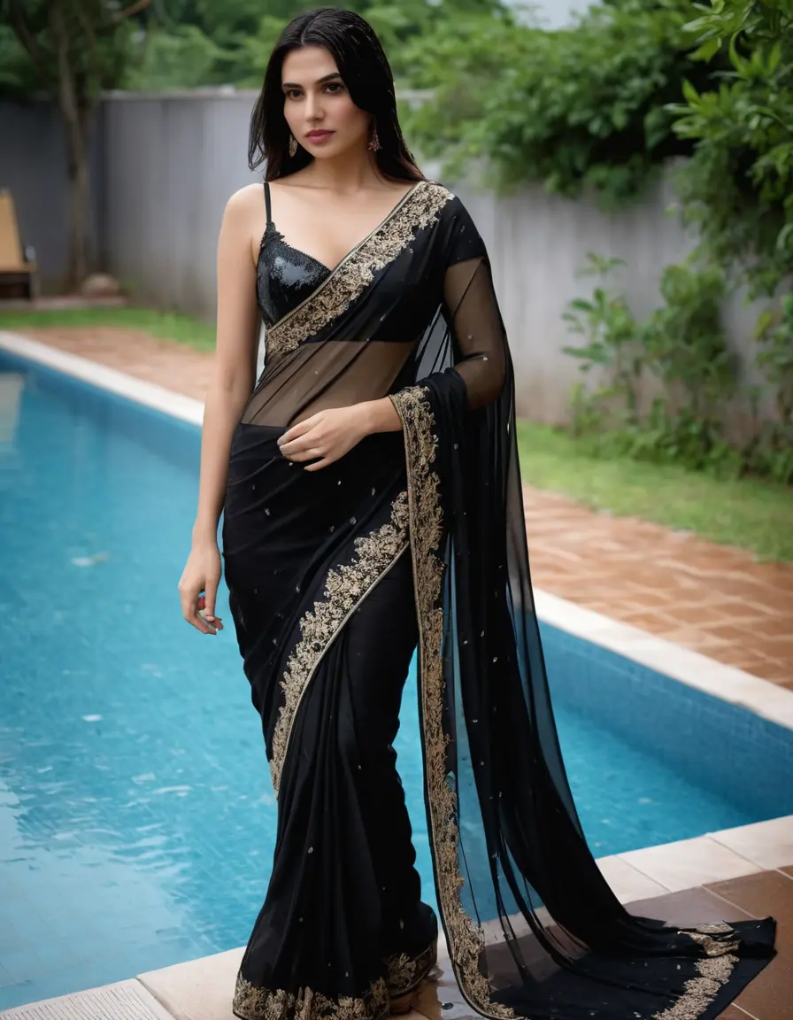 photo of young woman, in soaking wet, drenched clothes,
Stilletto heels, Silk pants, Embroidery,  long black Saree skin tight , Outdoor pool ,grope another female , 
enjoying, wet clothes stuck to body,
detailed textures of the wet clothes, wet face, wet plastered hair,
wet, drenched, professional, high-quality details, full body view.
sharp focus, ultra-high pixel detail, realistic, high-quality, full colors, incredibly detailed, 4k, 8k, 16k, hyper-realistic, RAW photo, masterpiece, ultra-detailed, professionally color graded, professional photograph, Straight open  wavy hairstyle , , pear shaped body,  wrist watch, thin necklace t ,  , no make up, 4.6feet tall model , 36b bra size, 