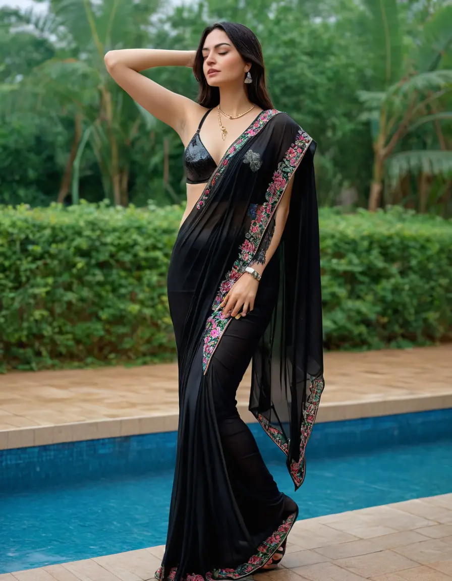 photo of young woman, in soaking wet, drenched clothes,
Stilletto heels, Silk pants, Embroidery,  long black Saree skin tight , Outdoor pool ,grope another female , 
enjoying, wet clothes stuck to body,
detailed textures of the wet clothes, wet face, wet plastered hair,
wet, drenched, professional, high-quality details, full body view.
sharp focus, ultra-high pixel detail, realistic, high-quality, full colors, incredibly detailed, 4k, 8k, 16k, hyper-realistic, RAW photo, masterpiece, ultra-detailed, professionally color graded, professional photograph, Straight open  wavy hairstyle , , pear shaped body,  wrist watch, thin necklace t ,  , no make up, 4.6feet tall model , 36b bra size, 