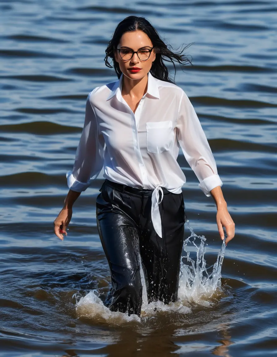 photo of young woman, in soaking wet, drenched clothes,
Sport shoes , long black office trousers, white silk satin shirt with long sleeves , walking in Sunny Deep lake, 
enjoying, wet clothes stuck to body,
detailed textures of the wet clothes, wet face, wet plastered hair,
wet, drenched, professional, high-quality details, full body view.
sharp focus, ultra-high pixel detail, realistic, high-quality, full colors, incredibly detailed, 4k, 8k, 16k, hyper-realistic, RAW photo, masterpiece, ultra-detailed, professionally color graded, professional photograph, woman 51 years old, medium black hair, very big and thick lips, office light glasses, complete body