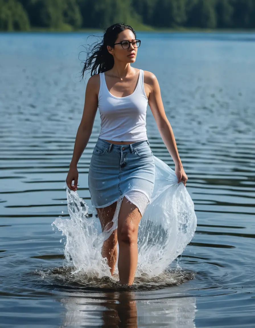 photo of young woman, in soaking wet, drenched clothes,
Sport shoes , long light blue jeans skirt, white tank top, walking in Sunny Deep lake, 
enjoying, wet clothes stuck to body,
detailed textures of the wet clothes, wet face, wet plastered hair,
wet, drenched, professional, high-quality details, full body view.
sharp focus, ultra-high pixel detail, realistic, high-quality, full colors, incredibly detailed, 4k, 8k, 16k, hyper-realistic, RAW photo, masterpiece, ultra-detailed, professionally color graded, professional photograph, woman 51 years old, medium black hair, very big and thick lips, office light glasses, complete body