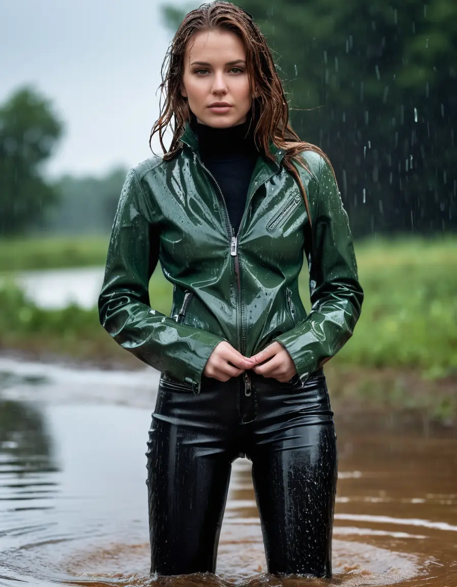 photo of young woman, in soaking wet, drenched clothes,
tight leather boots, skin tight black leather jeans, slim fit green biker leatherjacket, tight light black latex turtleneck sweater,, soaked, heavy rain, storm, 
enjoying, wet clothes stuck to body,
detailed textures of the wet clothes, wet face, wet plastered hair,
wet, drenched, professional, high-quality details, full body view.
sharp focus, ultra-high pixel detail, realistic, high-quality, full colors, incredibly detailed, 4k, 8k, 16k, hyper-realistic, RAW photo, masterpiece, ultra-detailed, professionally color graded, professional photograph, white woman, long dripping wet brown hair