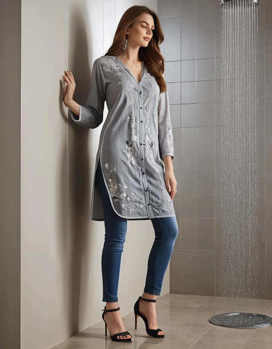 photo of young woman, in soaking wet, drenched clothes,
Stilletto heels, Silky Jeans, Embroidery,  long kurti skin tight , Facing shower ,grope another female , 
enjoying, wet clothes stuck to body,
detailed textures of the wet clothes, wet face, wet plastered hair,
wet, drenched, professional, high-quality details, full body view.
sharp focus, ultra-high pixel detail, realistic, high-quality, full colors, incredibly detailed, 4k, 8k, 16k, hyper-realistic, RAW photo, masterpiece, ultra-detailed, professionally color graded, professional photograph, Straight open  wavy hairstyle , , pear shaped body,  wrist watch, thin necklace t ,  , no make up, 4.6feet tall model , 36b bra size, 