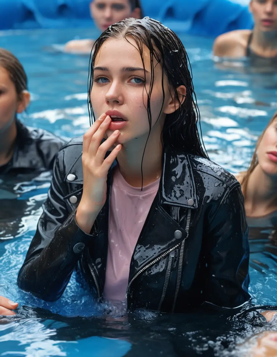 photo of young woman, in soaking wet, drenched clothes,
ankle boots , super skin tight denim jeans, slim fit black biker leatherjacket, tight light pink knit turtleneck sweater, handbag , fifteen years old horny blonde teenage girl with her friends holds her hand over her mouth and nose lies completely submerged in pool partly underwater up to the neck at party in a crowded waterpark, completely wet from the rain, open mouth, big eyes, 
enjoying, wet clothes stuck to body,
detailed textures of the wet clothes, wet face, wet plastered hair,
wet, drenched, professional, high-quality details, full body view.
sharp focus, ultra-high pixel detail, realistic, high-quality, full colors, incredibly detailed, 4k, 8k, 16k, hyper-realistic, RAW photo, masterpiece, ultra-detailed, professionally color graded, professional photograph, fifteen years old, completely soaked, completely dripping wet, very wet clothes, sleek long straight hair, worried and embarrassed facial expression, slight yawn, moaning,  all girls wear different styles of clothes, take a handbag into the water, a lot of people stands in the background, close-up, view from above, highly realistic representation, ultra sharp focus, highly photorealistic detailed facial features and expressions, highly photorealistic hands, highly best quality, highly sharp photorealistic image, highly photorealistic details, highest photorealistic wet clothes, full UHD resolution, highest photorealistic sharpness of the image, 32 K