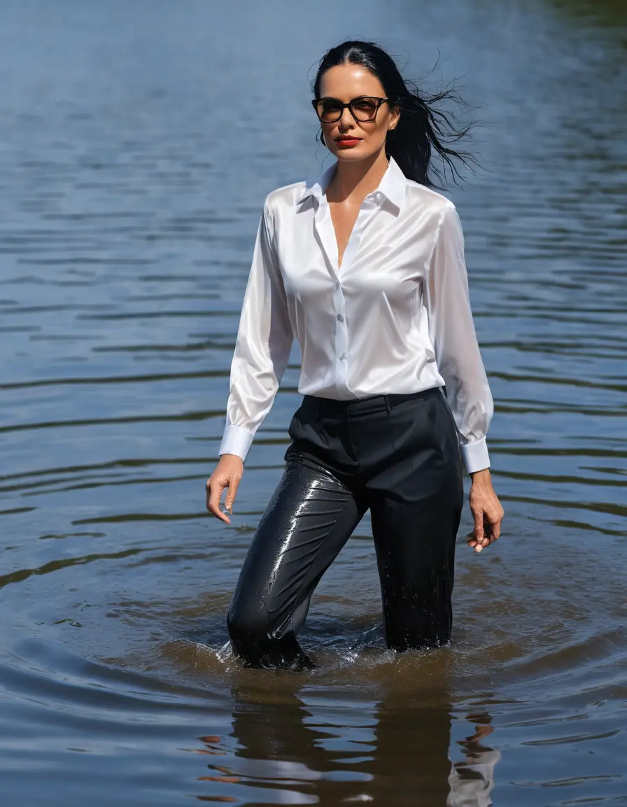 photo of young woman, in soaking wet, drenched clothes,
Sport shoes , long black office trousers, white silk satin shirt with long sleeves , walking in Sunny Deep lake, 
enjoying, wet clothes stuck to body,
detailed textures of the wet clothes, wet face, wet plastered hair,
wet, drenched, professional, high-quality details, full body view.
sharp focus, ultra-high pixel detail, realistic, high-quality, full colors, incredibly detailed, 4k, 8k, 16k, hyper-realistic, RAW photo, masterpiece, ultra-detailed, professionally color graded, professional photograph, woman 51 years old, medium black hair, very big and thick lips, office light glasses, complete body