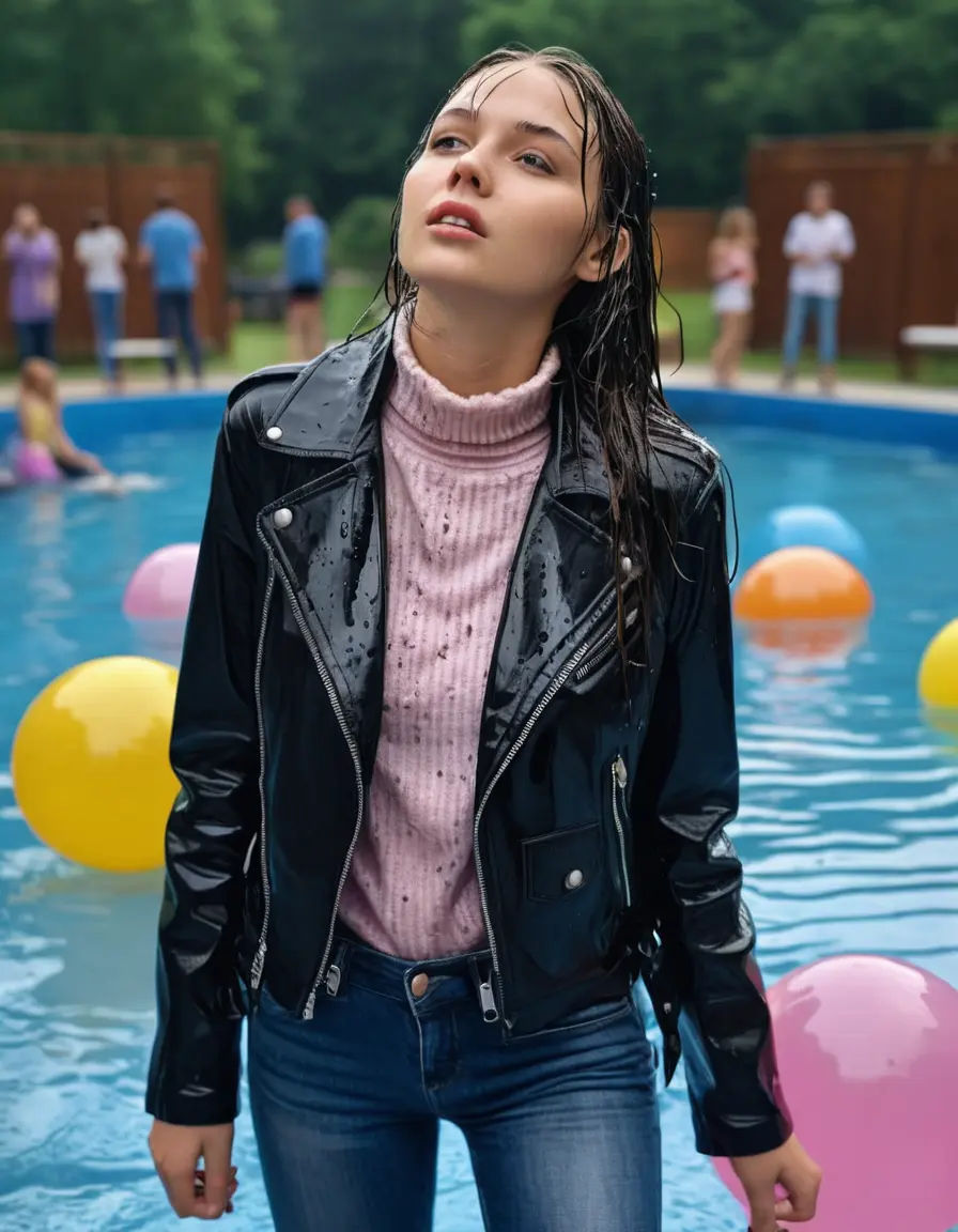 photo of young woman, in soaking wet, drenched clothes,
ankle boots , super skin tight denim jeans, slim fit black biker leatherjacket, tight light pink knit turtleneck sweater, handbag , fifteen years old horny blonde teenage girl with her friends holds her hand over her mouth and nose lies completely submerged in pool partly underwater up to the neck at party in a crowded waterpark, completely wet from the rain, open mouth, big eyes, 
enjoying, wet clothes stuck to body,
detailed textures of the wet clothes, wet face, wet plastered hair,
wet, drenched, professional, high-quality details, full body view.
sharp focus, ultra-high pixel detail, realistic, high-quality, full colors, incredibly detailed, 4k, 8k, 16k, hyper-realistic, RAW photo, masterpiece, ultra-detailed, professionally color graded, professional photograph, fifteen years old, completely soaked, completely dripping wet, very wet clothes, sleek long straight hair, worried and embarrassed facial expression, slight yawn, moaning,  all girls wear different styles of clothes, carrying a dripping wet smal handbag, a lot of people stands in the background, close-up, view from above, highly realistic representation, ultra sharp focus, highly photorealistic detailed facial features and expressions, highly photorealistic hands, highly best quality, highly sharp photorealistic image, highly photorealistic details, highest photorealistic wet clothes, full UHD resolution, highest photorealistic sharpness of the image, 32 K