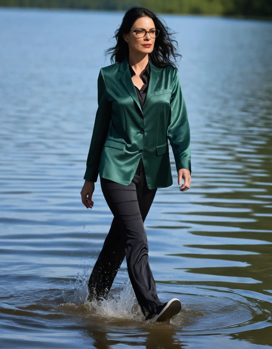 photo of young woman, in soaking wet, drenched clothes,
Sport shoes , long black office trousers, dark green silk satin shirt with long sleeves, black blazer, walking in Sunny Deep lake, 
enjoying, wet clothes stuck to body,
detailed textures of the wet clothes, wet face, wet plastered hair,
wet, drenched, professional, high-quality details, full body view.
sharp focus, ultra-high pixel detail, realistic, high-quality, full colors, incredibly detailed, 4k, 8k, 16k, hyper-realistic, RAW photo, masterpiece, ultra-detailed, professionally color graded, professional photograph, woman 51 years old, medium black hair, very big and thick lips, office light glasses, complete body