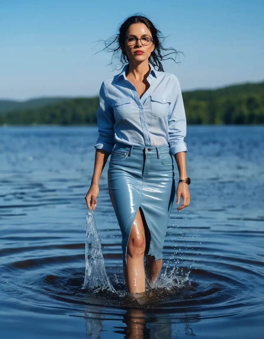 photo of young woman, in soaking wet, drenched clothes,
Sport shoes , long light blue leather jeans skirt, Light blue jeans shirt with long sleeves , walking in Sunny Deep lake, 
enjoying, wet clothes stuck to body,
detailed textures of the wet clothes, wet face, wet plastered hair,
wet, drenched, professional, high-quality details, full body view.
sharp focus, ultra-high pixel detail, realistic, high-quality, full colors, incredibly detailed, 4k, 8k, 16k, hyper-realistic, RAW photo, masterpiece, ultra-detailed, professionally color graded, professional photograph, woman 51 years old, medium black hair, very big and thick lips, office light glasses, complete body