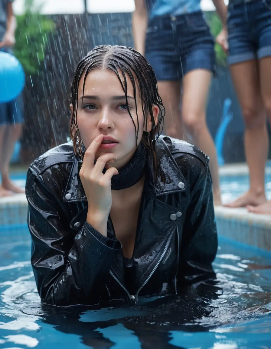 photo of young woman, in soaking wet, drenched clothes,
ankle boots , super skin tight denim jeans, slim fit black biker leatherjacket, tight grey knit turtleneck sweater, handbag , fifteen years old horny blonde teenage girl with her friends holds her hand over her mouth and nose lies completely submerged in pool partly underwater up to the neck at party in a crowded waterpark, completely wet from the rain, open mouth, big eyes, 
enjoying, wet clothes stuck to body,
detailed textures of the wet clothes, wet face, wet plastered hair,
wet, drenched, professional, high-quality details, full body view.
sharp focus, ultra-high pixel detail, realistic, high-quality, full colors, incredibly detailed, 4k, 8k, 16k, hyper-realistic, RAW photo, masterpiece, ultra-detailed, professionally color graded, professional photograph, fifteen years old, completely soaked, completely dripping wet, very wet clothes, sleek long straight hair, sleek ponytail, worried and embarrassed facial expression, slight yawn, moaning,  all girls wear different styles of clothes, take a handbag into the water, a lot of people stands in the background, close-up, view from above, highly realistic representation, ultra sharp focus, highly photorealistic detailed facial features and expressions, highly photorealistic hands, highly best quality, highly sharp photorealistic image, highly photorealistic details, highest photorealistic wet clothes, full UHD resolution, highest photorealistic sharpness of the image, 32 K