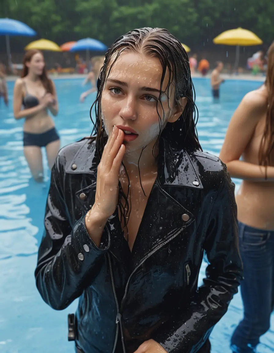 photo of young woman, in soaking wet, drenched clothes,
ankle boots , super skin tight denim jeans, slim fit black biker leatherjacket, tight beige knit turtleneck sweater, handbag , fifteen years old horny blonde teenage girl with her friends holds her hand over her mouth and nose climbs out of the pool partly underwater up to the neck at party in a crowded waterpark, completely wet from the rain, open mouth, big eyes, 
enjoying, wet clothes stuck to body,
detailed textures of the wet clothes, wet face, wet plastered hair,
wet, drenched, professional, high-quality details, full body view.
sharp focus, ultra-high pixel detail, realistic, high-quality, full colors, incredibly detailed, 4k, 8k, 16k, hyper-realistic, RAW photo, masterpiece, ultra-detailed, professionally color graded, professional photograph, fifteen years old, completely soaked, completely dripping wet, very wet clothes, sleek long straight hair, worried and embarrassed facial expression, slight yawn, moaning,  all girls wear different styles of clothes, carrying a dripping wet smal handbag, a lot of people stands in the background, close-up, view from above, highly realistic representation, ultra sharp focus, highly photorealistic detailed facial features and expressions, highly photorealistic hands, highly best quality, highly sharp photorealistic image, highly photorealistic details, highest photorealistic wet clothes, full UHD resolution, highest photorealistic sharpness of the image, 32 K