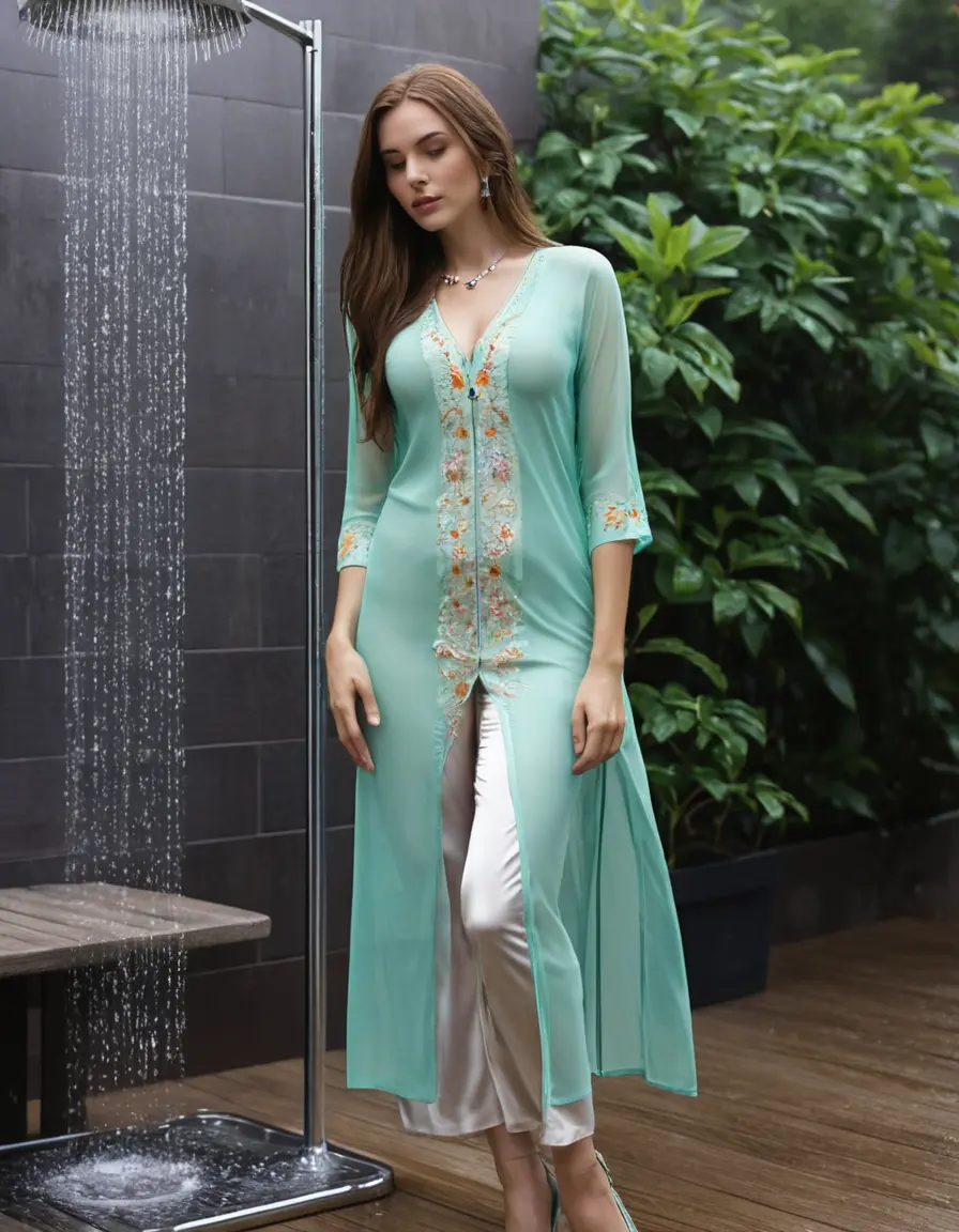 photo of young woman, in soaking wet, drenched clothes,
Stilletto heels, Silk pants, Embroidery,  long kurti skin tight , Outdoor shower ,grope another female , 
enjoying, wet clothes stuck to body,
detailed textures of the wet clothes, wet face, wet plastered hair,
wet, drenched, professional, high-quality details, full body view.
sharp focus, ultra-high pixel detail, realistic, high-quality, full colors, incredibly detailed, 4k, 8k, 16k, hyper-realistic, RAW photo, masterpiece, ultra-detailed, professionally color graded, professional photograph, Straight open  wavy hairstyle , , pear shaped body,  wrist watch, thin necklace t ,  , no make up, 4.6feet tall model , 36b bra size, 