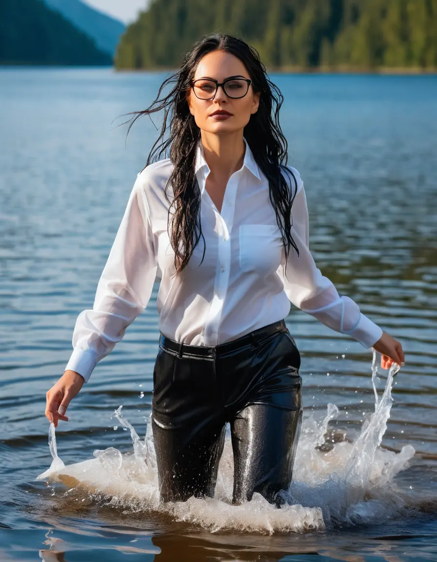 photo of young woman, in soaking wet, drenched clothes,
Sport shoes , long black office trousers, white silk satin shirt with long sleeves , walking in Sunny Deep lake, 
enjoying, wet clothes stuck to body,
detailed textures of the wet clothes, wet face, wet plastered hair,
wet, drenched, professional, high-quality details, full body view.
sharp focus, ultra-high pixel detail, realistic, high-quality, full colors, incredibly detailed, 4k, 8k, 16k, hyper-realistic, RAW photo, masterpiece, ultra-detailed, professionally color graded, professional photograph, woman 51 years old, long black hair, very big and thick lips, office light glasses, complete body