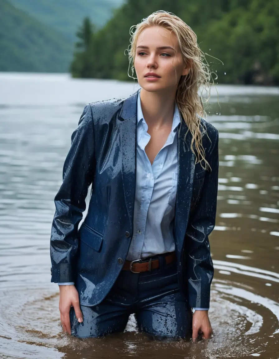 photo of young woman, in soaking wet, drenched clothes,
Dark Blue Business Trouser, Dark Blue Business Suit Jacket with Light Blue button down shirt, Clear Mountain lake with heavy rain, 
enjoying, wet clothes stuck to body,
detailed textures of the wet clothes, wet face, wet plastered hair,
wet, drenched, professional, high-quality details, full body view.
sharp focus, ultra-high pixel detail, realistic, high-quality, full colors, incredibly detailed, 4k, 8k, 16k, hyper-realistic, RAW photo, masterpiece, ultra-detailed, professionally color graded, professional photograph, young elegant white blonde haired beautiful women, breast deep submerged, under a big rainshower, fully clothed, completely soaked, fully drenched, completely wet, wetlook, heavy rain, side parting, open hair, long hair, rain storm, looks confidently into camera