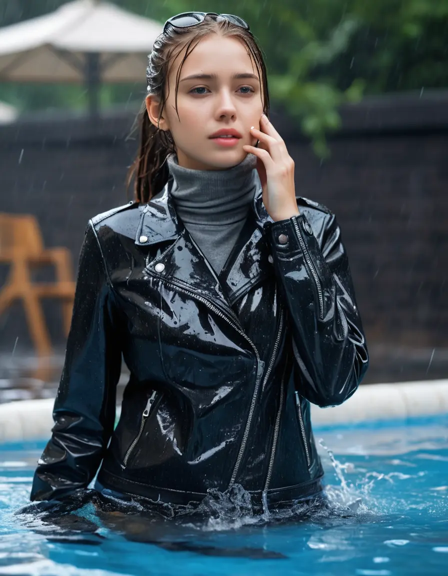 photo of young woman, in soaking wet, drenched clothes,
ankle boots , super skin tight denim jeans, slim fit black biker leatherjacket, tight grey knit turtleneck sweater, handbag , fifteen years old horny blonde teenage girl with her girlfriend holds her hand over her mouth and nose lies completely submerged in pool partly underwater up to the neck at party in a crowded waterpark, completely wet from the rain, open mouth, big eyes, 
enjoying, wet clothes stuck to body,
detailed textures of the wet clothes, wet face, wet plastered hair,
wet, drenched, professional, high-quality details, full body view.
sharp focus, ultra-high pixel detail, realistic, high-quality, full colors, incredibly detailed, 4k, 8k, 16k, hyper-realistic, RAW photo, masterpiece, ultra-detailed, professionally color graded, professional photograph, fifteen years old, completely soaked, completely dripping wet, very wet clothes, sleek long straight hair, sleek ponytail, worried and embarrassed facial expression, slight yawn, moaning,  all girls wear different styles of clothes, take a handbag into the water, a lot of people stands in the background, close-up, view from above, highly realistic representation, ultra sharp focus, highly photorealistic detailed facial features and expressions, highly photorealistic hands, highly best quality, highly sharp photorealistic image, highly photorealistic details, highest photorealistic wet clothes, full UHD resolution, highest photorealistic sharpness of the image, 32 K