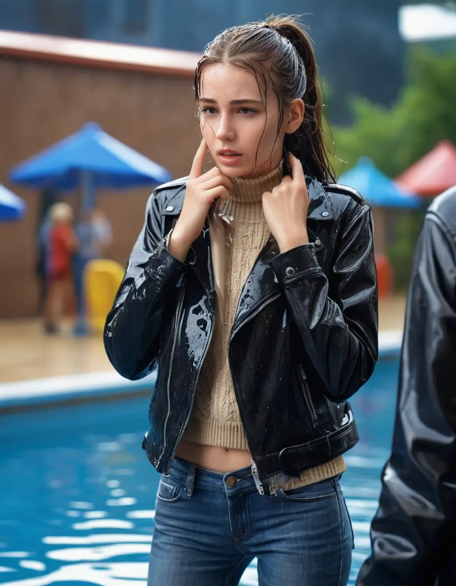 photo of young woman, in soaking wet, drenched clothes,
ankle boots , super skin tight denim jeans, slim fit black biker leatherjacket, tight beige knit turtleneck sweater, handbag , fifteen years old horny blonde teenage girl with her friends holds her hand over her mouth and nose climbs out of the pool partly underwater up to the neck at party in a crowded waterpark, completely wet from the rain, open mouth, big eyes, 
enjoying, wet clothes stuck to body,
detailed textures of the wet clothes, wet face, wet plastered hair,
wet, drenched, professional, high-quality details, full body view.
sharp focus, ultra-high pixel detail, realistic, high-quality, full colors, incredibly detailed, 4k, 8k, 16k, hyper-realistic, RAW photo, masterpiece, ultra-detailed, professionally color graded, professional photograph, fifteen years old, completely soaked, completely dripping wet, very wet clothes, sleek long straight hair, sleek ponytail, worried and embarrassed facial expression, slight yawn, moaning,  all girls wear different styles of clothes, carrying a dripping wet smal handbag, a lot of people stands in the background, close-up, view from above, highly realistic representation, ultra sharp focus, highly photorealistic detailed facial features and expressions, highly photorealistic hands, highly best quality, highly sharp photorealistic image, highly photorealistic details, highest photorealistic wet clothes, full UHD resolution, highest photorealistic sharpness of the image, 32 K