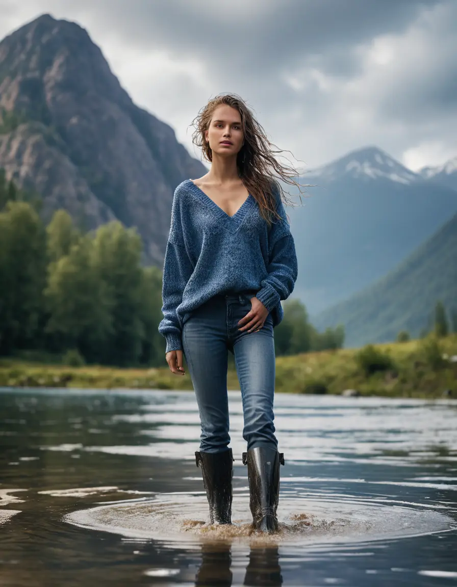 photo of young woman, in soaking wet, drenched clothes,
boots, blue jeans, sweater with large v-neck, nacked beneath, walking through a mountain lake, 
enjoying, wet clothes stuck to body,
detailed textures of the wet clothes, wet face, wet plastered hair,
wet, drenched, professional, high-quality details, full body view.
sharp focus, ultra-high pixel detail, realistic, high-quality, full colors, incredibly detailed, 4k, 8k, 16k, hyper-realistic, RAW photo, masterpiece, ultra-detailed, professionally color graded, professional photograph