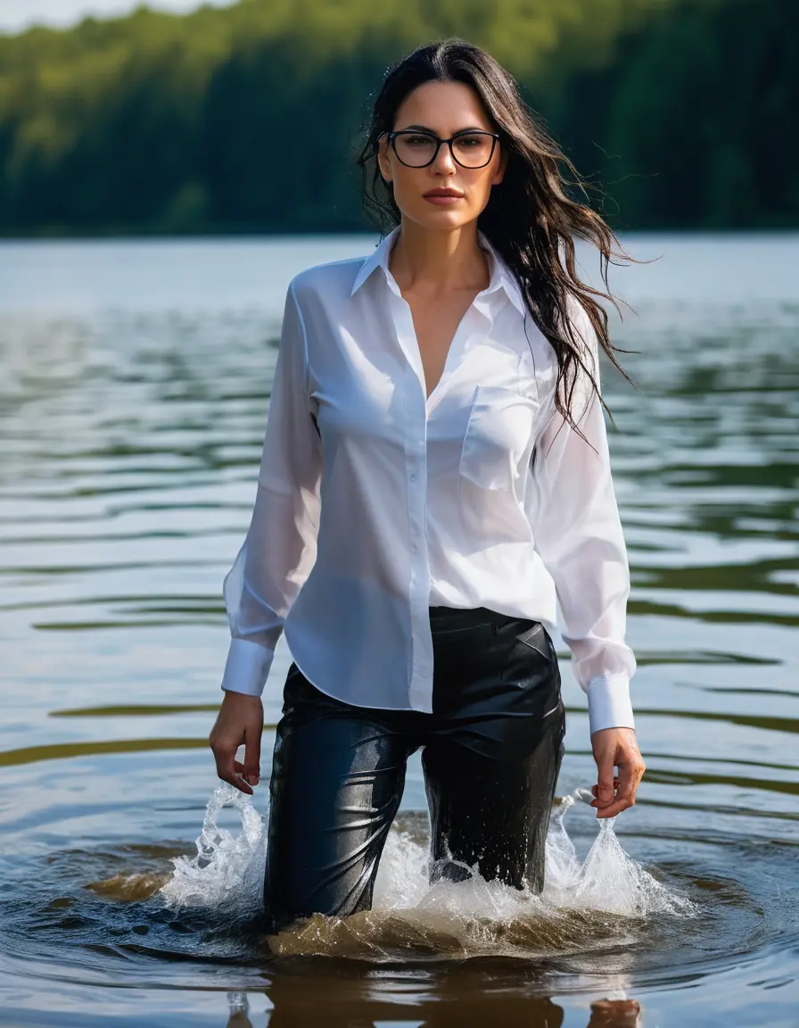 photo of young woman, in soaking wet, drenched clothes,
Sport shoes , long black office trousers, white silk satin shirt with long sleeves , walking in Sunny Deep lake, 
enjoying, wet clothes stuck to body,
detailed textures of the wet clothes, wet face, wet plastered hair,
wet, drenched, professional, high-quality details, full body view.
sharp focus, ultra-high pixel detail, realistic, high-quality, full colors, incredibly detailed, 4k, 8k, 16k, hyper-realistic, RAW photo, masterpiece, ultra-detailed, professionally color graded, professional photograph, woman 51 years old, medium black hair, very big and thick lips, office light glasses, complete body