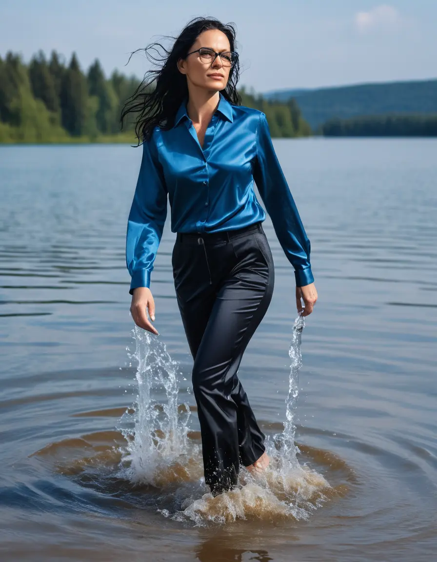 photo of young woman, in soaking wet, drenched clothes,
Sport shoes , long black office trousers, blue silk satin shirt with long sleeves , walking in Sunny Deep lake, 
enjoying, wet clothes stuck to body,
detailed textures of the wet clothes, wet face, wet plastered hair,
wet, drenched, professional, high-quality details, full body view.
sharp focus, ultra-high pixel detail, realistic, high-quality, full colors, incredibly detailed, 4k, 8k, 16k, hyper-realistic, RAW photo, masterpiece, ultra-detailed, professionally color graded, professional photograph, woman 51 years old, long black hair, very big and thick lips, office light glasses, complete body