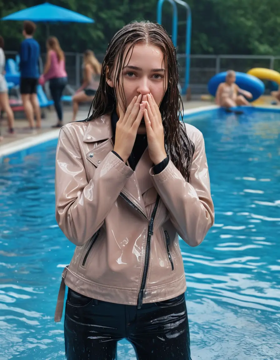 photo of young woman, in soaking wet, drenched clothes,
ankle boots , super skin tight denim jeans, slim fit black biker leatherjacket, tight light pink knit turtleneck sweater, handbag , fifteen years old horny blonde teenage girl with her friends holds her hand over her mouth and nose climbs out of the pool partly underwater up to the neck at party in a crowded waterpark, completely wet from the rain, open mouth, big eyes, 
enjoying, wet clothes stuck to body,
detailed textures of the wet clothes, wet face, wet plastered hair,
wet, drenched, professional, high-quality details, full body view.
sharp focus, ultra-high pixel detail, realistic, high-quality, full colors, incredibly detailed, 4k, 8k, 16k, hyper-realistic, RAW photo, masterpiece, ultra-detailed, professionally color graded, professional photograph, fifteen years old, completely soaked, completely dripping wet, very wet clothes, sleek long straight hair, worried and embarrassed facial expression, slight yawn, moaning,  all girls wear different styles of clothes, carrying a dripping wet smal handbag, a lot of people stands in the background, close-up, view from above, highly realistic representation, ultra sharp focus, highly photorealistic detailed facial features and expressions, highly photorealistic hands, highly best quality, highly sharp photorealistic image, highly photorealistic details, highest photorealistic wet clothes, full UHD resolution, highest photorealistic sharpness of the image, 32 K