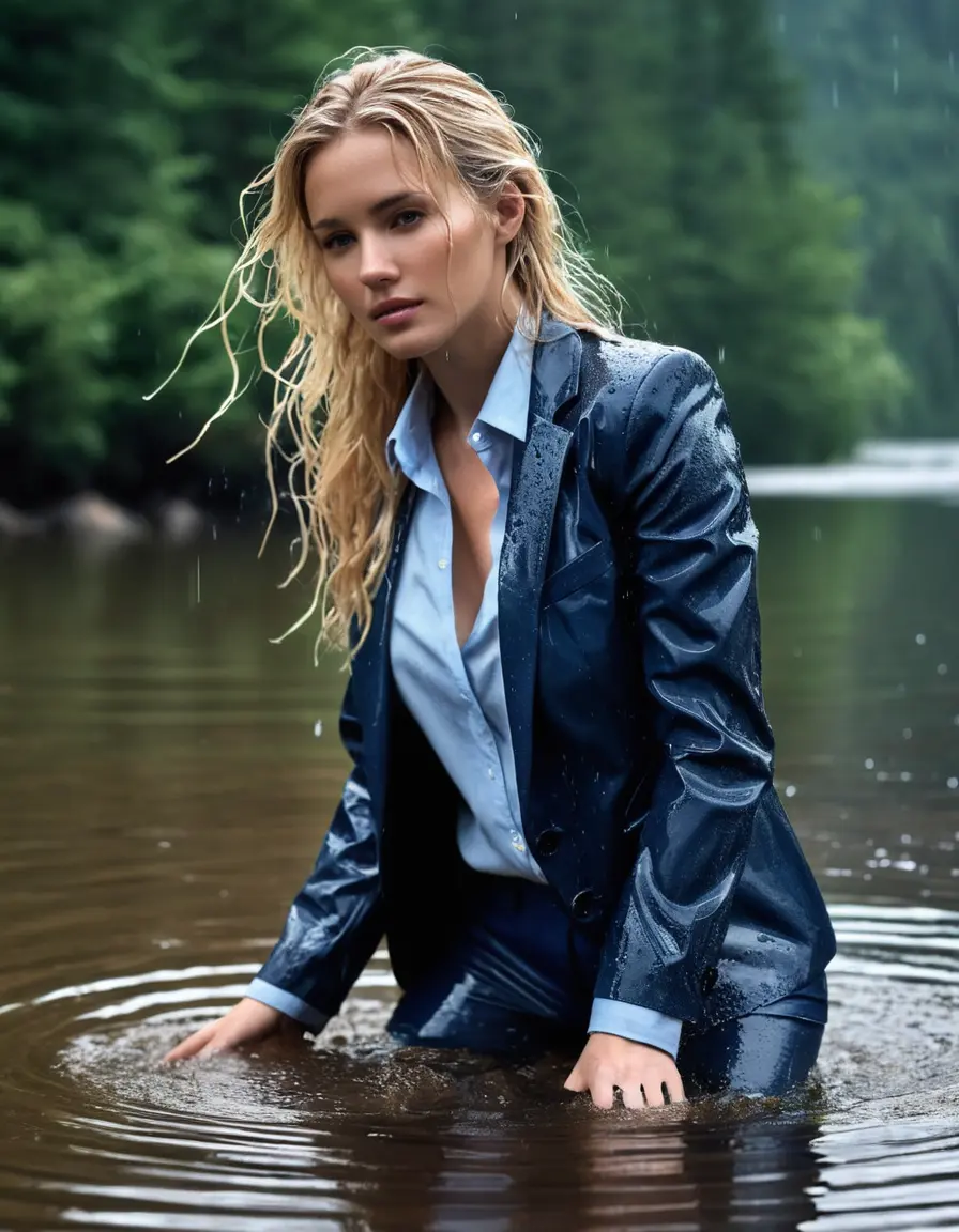 photo of young woman, in soaking wet, drenched clothes,
Dark Blue Business Trouser, Dark Blue Business Suit Jacket with Light Blue button down business shirt longsleeve, Clear Mountain lake with heavy rain, 
enjoying, wet clothes stuck to body,
detailed textures of the wet clothes, wet face, wet plastered hair,
wet, drenched, professional, high-quality details, full body view.
sharp focus, ultra-high pixel detail, realistic, high-quality, full colors, incredibly detailed, 4k, 8k, 16k, hyper-realistic, RAW photo, masterpiece, ultra-detailed, professionally color graded, professional photograph, young elegant white blonde haired beautiful women, breast deep submerged, under a big rainshower, fully clothed, completely soaked, fully drenched, completely wet, wetlook, heavy rain, side parting, open hair, long hair, rain storm, looks confidently into camera