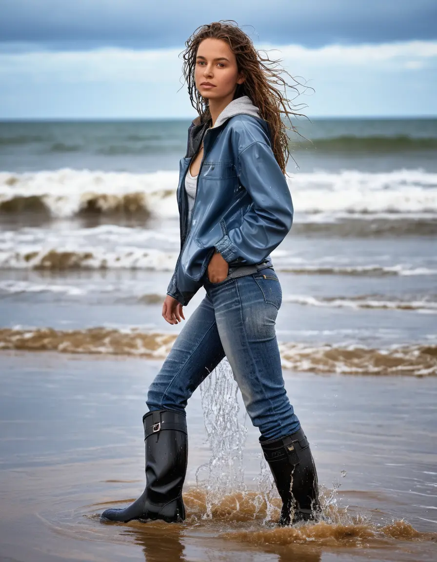 photo of young woman, in soaking wet, drenched clothes,
Boots, blue jeans, nacked, Beach, 
enjoying, wet clothes stuck to body,
detailed textures of the wet clothes, wet face, wet plastered hair,
wet, drenched, professional, high-quality details, full body view.
sharp focus, ultra-high pixel detail, realistic, high-quality, full colors, incredibly detailed, 4k, 8k, 16k, hyper-realistic, RAW photo, masterpiece, ultra-detailed, professionally color graded, professional photograph