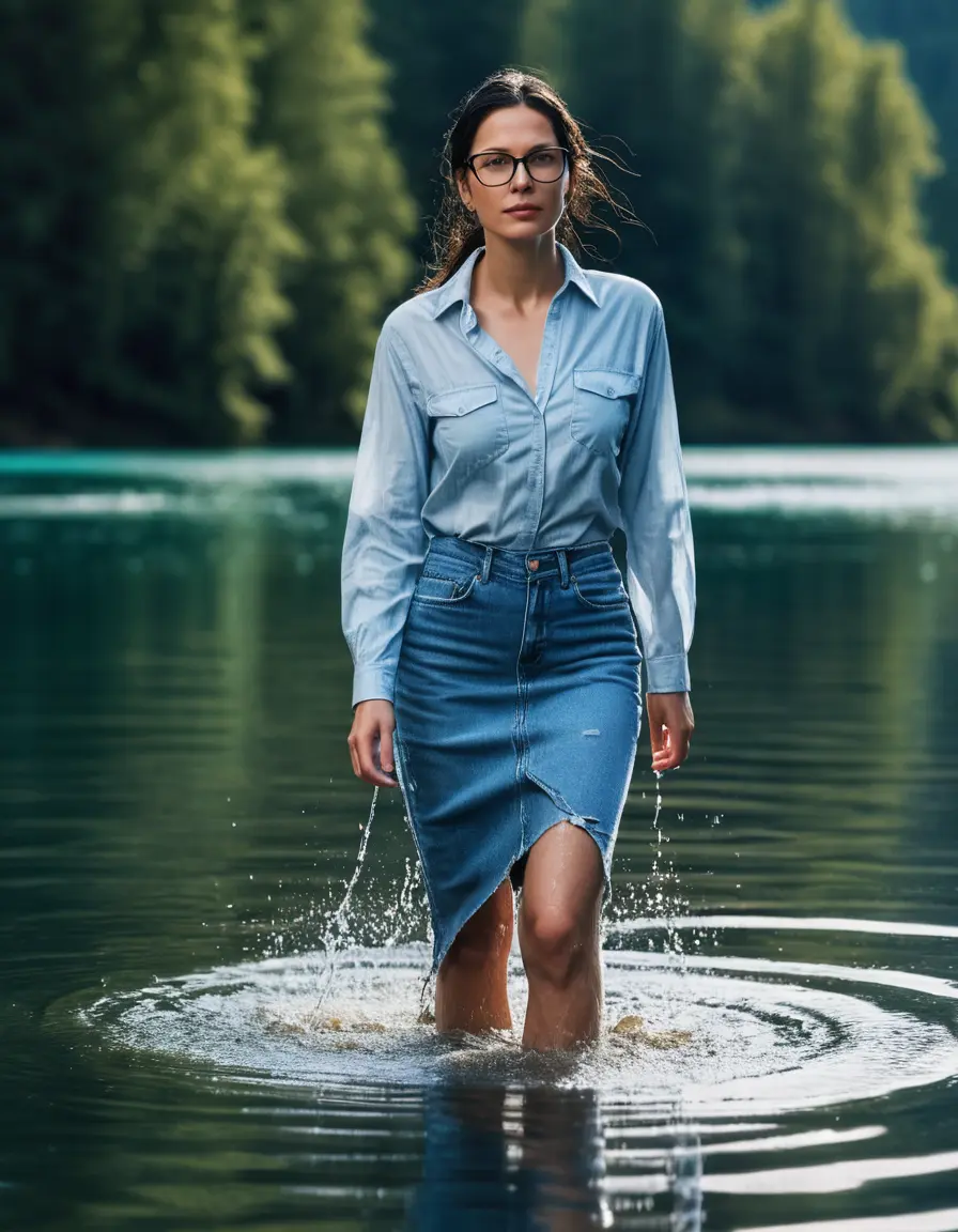 photo of young woman, in soaking wet, drenched clothes,
Sport shoes , maxi light blue jeans skirt, light blue jeans shirt with long sleeves , walking in Sunny Deep lake, 
enjoying, wet clothes stuck to body,
detailed textures of the wet clothes, wet face, wet plastered hair,
wet, drenched, professional, high-quality details, full body view.
sharp focus, ultra-high pixel detail, realistic, high-quality, full colors, incredibly detailed, 4k, 8k, 16k, hyper-realistic, RAW photo, masterpiece, ultra-detailed, professionally color graded, professional photograph, woman 51 years old, medium black hair, very big and thick lips, office light glasses, complete body
