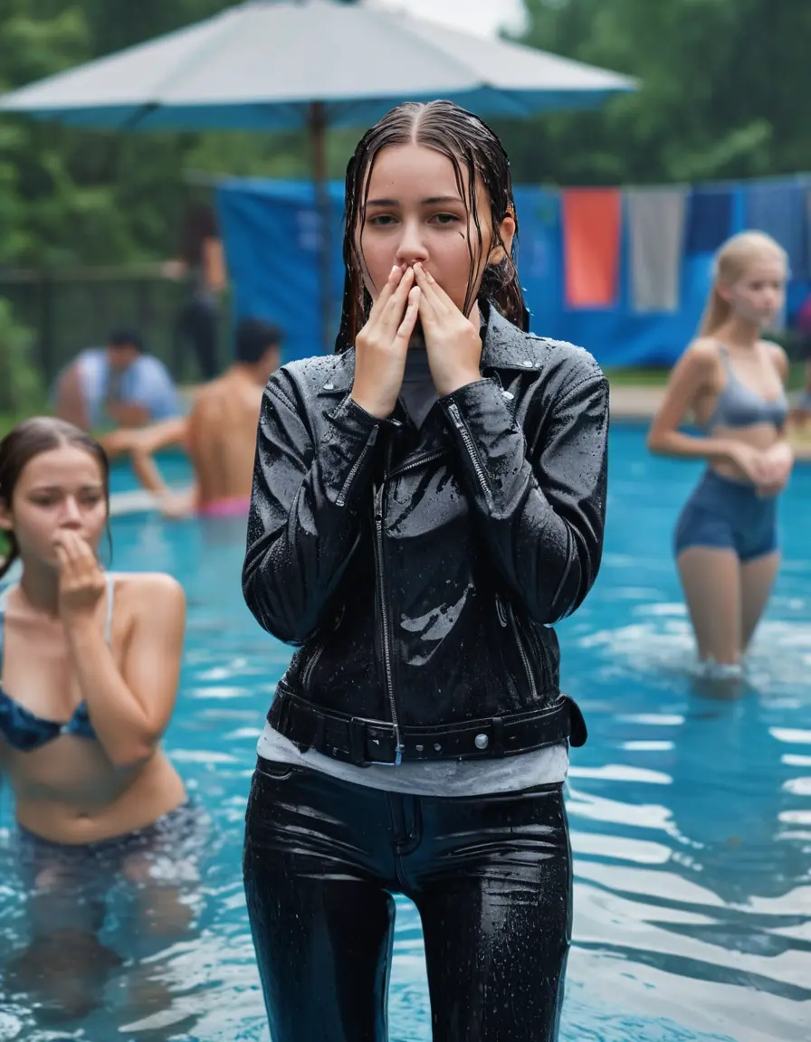 photo of young woman, in soaking wet, drenched clothes,
ankle boots , super skin tight denim jeans, slim fit black biker leatherjacket, tight grey knit turtleneck sweater, handbag , fifteen years old horny blonde teenage girl with her friends holds her hand over her mouth and nose lies completely submerged in pool partly underwater up to the neck at party in a crowded waterpark, completely wet from the rain, open mouth, big eyes, 
enjoying, wet clothes stuck to body,
detailed textures of the wet clothes, wet face, wet plastered hair,
wet, drenched, professional, high-quality details, full body view.
sharp focus, ultra-high pixel detail, realistic, high-quality, full colors, incredibly detailed, 4k, 8k, 16k, hyper-realistic, RAW photo, masterpiece, ultra-detailed, professionally color graded, professional photograph, fifteen years old, completely soaked, completely dripping wet, very wet clothes, sleek long straight hair, sleek ponytail, worried and embarrassed facial expression, slight yawn, moaning,  all girls wear different styles of clothes, take a handbag into the water, a lot of people stands in the background, close-up, view from above, highly realistic representation, ultra sharp focus, highly photorealistic detailed facial features and expressions, highly photorealistic hands, highly best quality, highly sharp photorealistic image, highly photorealistic details, highest photorealistic wet clothes, full UHD resolution, highest photorealistic sharpness of the image, 32 K