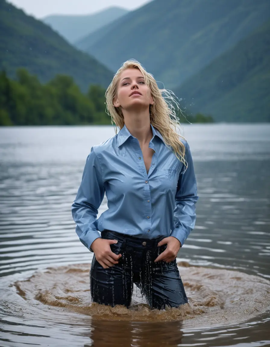 photo of young woman, in soaking wet, drenched clothes,
Dark Blue Business Trouser, Light Blue button down business shirt longsleeve, Clear Mountain lake with heavy rain, 
enjoying, wet clothes stuck to body,
detailed textures of the wet clothes, wet face, wet plastered hair,
wet, drenched, professional, high-quality details, full body view.
sharp focus, ultra-high pixel detail, realistic, high-quality, full colors, incredibly detailed, 4k, 8k, 16k, hyper-realistic, RAW photo, masterpiece, ultra-detailed, professionally color graded, professional photograph, young elegant white blonde haired beautiful women, breast deep submerged, under a big rainshower, fully clothed, completely soaked, fully drenched, completely wet, wetlook, heavy rain, side parting, open hair, long hair, rain storm, looks confidently into camera
