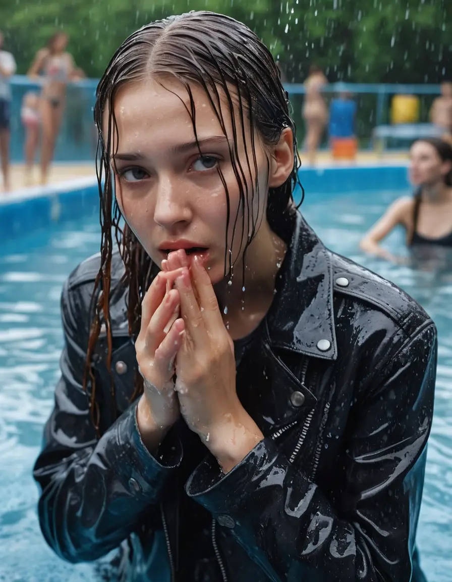 photo of young woman, in soaking wet, drenched clothes,
ankle boots , super skin tight denim jeans, slim fit black biker leatherjacket, tight light pink knit turtleneck sweater, handbag , fifteen years old horny blonde teenage girl with her friends holds her hand over her mouth and nose climbs out of the pool partly underwater up to the neck at party in a crowded waterpark, completely wet from the rain, open mouth, big eyes, 
enjoying, wet clothes stuck to body,
detailed textures of the wet clothes, wet face, wet plastered hair,
wet, drenched, professional, high-quality details, full body view.
sharp focus, ultra-high pixel detail, realistic, high-quality, full colors, incredibly detailed, 4k, 8k, 16k, hyper-realistic, RAW photo, masterpiece, ultra-detailed, professionally color graded, professional photograph, fifteen years old, completely soaked, completely dripping wet, very wet clothes, sleek long straight hair, worried and embarrassed facial expression, slight yawn, moaning,  all girls wear different styles of clothes, carrying a dripping wet smal handbag, a lot of people stands in the background, close-up, view from above, highly realistic representation, ultra sharp focus, highly photorealistic detailed facial features and expressions, highly photorealistic hands, highly best quality, highly sharp photorealistic image, highly photorealistic details, highest photorealistic wet clothes, full UHD resolution, highest photorealistic sharpness of the image, 32 K