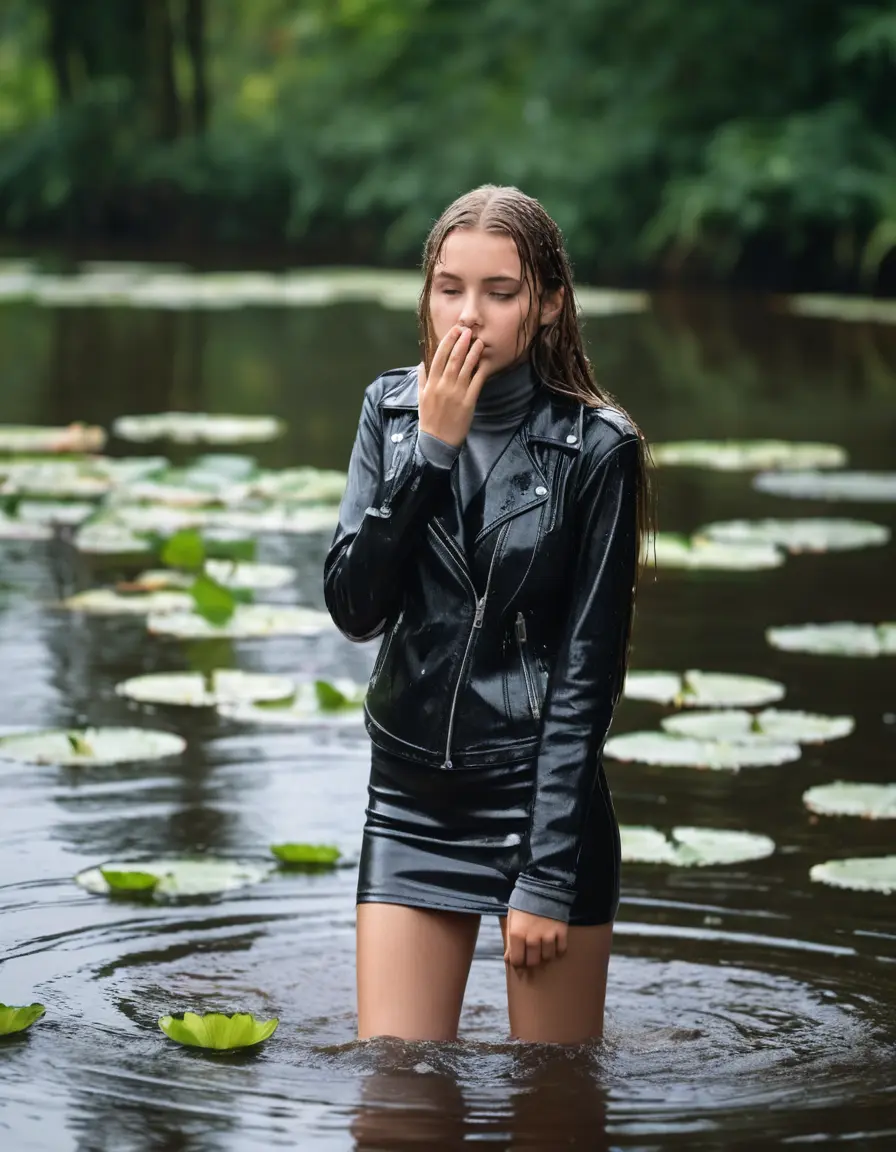 photo of young woman, in soaking wet, drenched clothes,
ankle boots, Tight mini Leather skirt, slim fit black biker leatherjacket,  tight grey turtleneck sweater, handbag, pearl necklace, Fifteen years horny blonde teenage girl with her Friends holds her hand over her mouth and nose submerged in sunny lake with water lilies, open mouth, big eyes, 
enjoying, wet clothes stuck to body,
detailed textures of the wet clothes, wet face, wet plastered hair,
wet, drenched, professional, high-quality details, full body view.
sharp focus, ultra-high pixel detail, realistic, high-quality, full colors, incredibly detailed, 4k, 8k, 16k, hyper-realistic, RAW photo, masterpiece, ultra-detailed, professionally color graded, professional photograph, Fifteen years old, completely soaked, completely dripping wet from head to toe, very wet clothes, sleek long straight hair, worried and embarrassed facial expression, slight yawn, moaning,  all girls wear different styles of clothes, she takes her handbag with her in the water, a lot of people stands in the background, close-up, view from above, highly realistic representation, ultra sharp focus, highly photorealistic detailed facial features and expressions, highly photorealistic hands, highly best quality, highly sharp photorealistic image, highly photorealistic details, highest photorealistic wet clothes, full UHD resolution, highest photorealistic sharpness of the image, 32 K