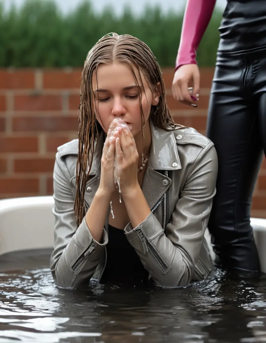 photo of young woman, in soaking wet, drenched clothes,
ankle boots, super skin tight white denim jeans, slim fit black biker leatherjacket,  tight sexy tshirt with wide necklace, handbag, pearl necklace, Fifteen years horny blonde teenage girl with her Friends holds her hand over her mouth and nose laying in bath tub, 
enjoying, wet clothes stuck to body,
detailed textures of the wet clothes, wet face, wet plastered hair,
wet, drenched, professional, high-quality details, full body view.
sharp focus, ultra-high pixel detail, realistic, high-quality, full colors, incredibly detailed, 4k, 8k, 16k, hyper-realistic, RAW photo, masterpiece, ultra-detailed, professionally color graded, professional photograph, Fifteen years old, completely soaked, completely dripping wet from head to toe, very wet clothes, sleek long straight hair, worried and embarrassed facial expression, slight yawn, moaning,  all girls wear different styles of clothes, she takes her handbag with her in the water, a lot of people stands in the background, close-up, view from above, highly realistic representation, ultra sharp focus, highly photorealistic detailed facial features and expressions, highly photorealistic hands, highly best quality, highly sharp photorealistic image, highly photorealistic details, highest photorealistic wet clothes, full UHD resolution, highest photorealistic sharpness of the image, 32 K