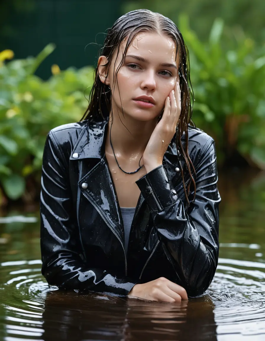 photo of young woman, in soaking wet, drenched clothes,
ankle boots, wet silber satin office trousers or skirt, slim fit black biker leatherjacket, tight grey turtleneck sweater, handbag, pearl necklace, Fifteen years horny blonde teenage girl with her Friends holds her hand over her mouth and nose dunked in little sunny garden pond, open mouth, big eyes, 
enjoying, wet clothes stuck to body,
detailed textures of the wet clothes, wet face, wet plastered hair,
wet, drenched, professional, high-quality details, full body view.
sharp focus, ultra-high pixel detail, realistic, high-quality, full colors, incredibly detailed, 4k, 8k, 16k, hyper-realistic, RAW photo, masterpiece, ultra-detailed, professionally color graded, professional photograph, Fifteen years old, completely soaked, completely dripping wet from head to toe, very wet clothes, dripping wet hair, sleek long straight hair, worried and embarrassed facial expression, slight yawn, moaning,  all girls wear different styles of clothes, she takes her handbag with her in the water, a lot of people stands in the background, close-up, view from above, highly realistic representation, ultra sharp focus, highly photorealistic detailed facial features and expressions, highly photorealistic hands, highly best quality, highly sharp photorealistic image, highly photorealistic details, highest photorealistic wet clothes, full UHD resolution, highest photorealistic sharpness of the image, 32 K