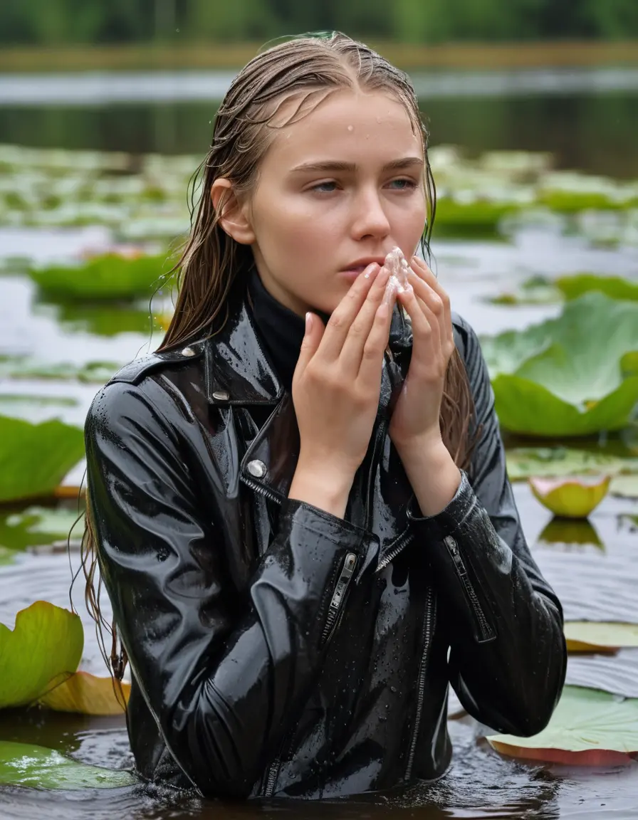 photo of young woman, in soaking wet, drenched clothes,
bare, Beige Business Trouser, slim fit black biker leatherjacket,  tight white turtleneck sweater, handbag, pearl necklace, Fifteen years horny blonde teenage girl with her Friends holds her hand over her mouth and nose half submerged in sunny lake with water lilies, 
enjoying, wet clothes stuck to body,
detailed textures of the wet clothes, wet face, wet plastered hair,
wet, drenched, professional, high-quality details, full body view.
sharp focus, ultra-high pixel detail, realistic, high-quality, full colors, incredibly detailed, 4k, 8k, 16k, hyper-realistic, RAW photo, masterpiece, ultra-detailed, professionally color graded, professional photograph, Fifteen years old, completely soaked, completely dripping wet from head to toe, very wet clothes, sleek long straight hair, worried and embarrassed facial expression, slight yawn, moaning,  all girls wear different styles of clothes, she takes her handbag with her in the water, a lot of people stands in the background, close-up, view from above, highly realistic representation, ultra sharp focus, highly photorealistic detailed facial features and expressions, highly photorealistic hands, highly best quality, highly sharp photorealistic image, highly photorealistic details, highest photorealistic wet clothes, full UHD resolution, highest photorealistic sharpness of the image, 32 K