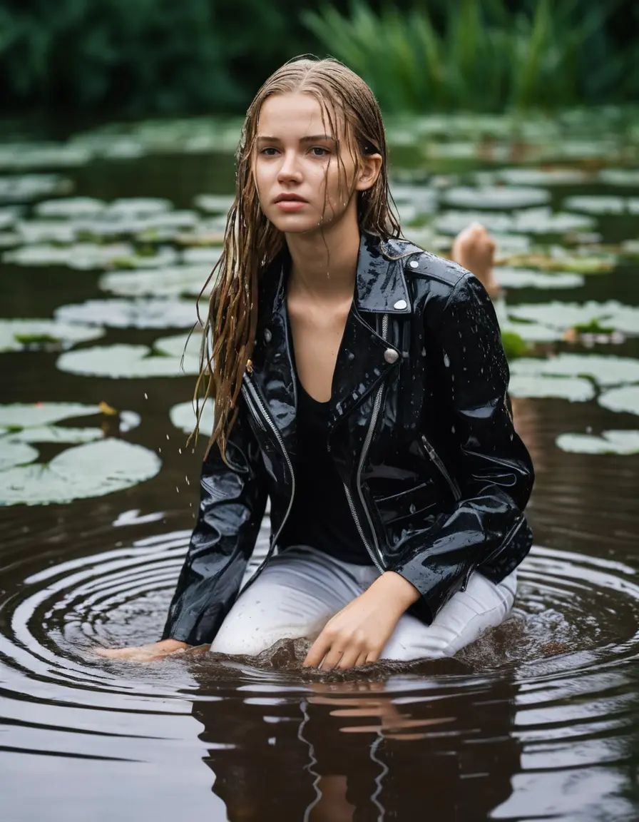 photo of young woman, in soaking wet, drenched clothes,
ankle boots, white pants, slim fit black biker leatherjacket,  tight sexy tshirt with wide neckline, handbag, pearl necklace, Fifteen years old shy horny blonde teenage girl with her Friends holds her hand over her mouth and nose half submerged in sunny lake with water lilies after diving, 
enjoying, wet clothes stuck to body,
detailed textures of the wet clothes, wet face, wet plastered hair,
wet, drenched, professional, high-quality details, full body view.
sharp focus, ultra-high pixel detail, realistic, high-quality, full colors, incredibly detailed, 4k, 8k, 16k, hyper-realistic, RAW photo, masterpiece, ultra-detailed, professionally color graded, professional photograph, Fifteen years old, completely soaked, completely dripping wet from head to toe, very wet clothes, sleek long straight hair, worried and embarrassed facial expression, slight yawn, moaning,  all girls wear different styles of clothes, she takes her handbag with her in the water, a lot of people stands in the background, close-up, view from above, highly realistic representation, ultra sharp focus, highly photorealistic detailed facial features and expressions, highly photorealistic hands, highly best quality, highly sharp photorealistic image, highly photorealistic details, highest photorealistic wet clothes, full UHD resolution, highest photorealistic sharpness of the image, 32 K