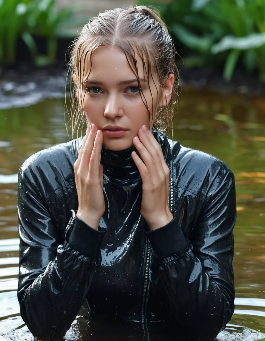 photo of young woman, in soaking wet, drenched clothes,
ankle boots, wet silber satin office trousers or skirt, slim fit black biker leatherjacket,  tight grey turtleneck sweater, handbag, pearl necklace, Fifteen years horny blonde teenage girl with her Friends holds her hand over her mouth and nose submerged in little sunny garden pond, open mouth, big eyes, 
enjoying, wet clothes stuck to body,
detailed textures of the wet clothes, wet face, wet plastered hair,
wet, drenched, professional, high-quality details, full body view.
sharp focus, ultra-high pixel detail, realistic, high-quality, full colors, incredibly detailed, 4k, 8k, 16k, hyper-realistic, RAW photo, masterpiece, ultra-detailed, professionally color graded, professional photograph, Fifteen years old, completely soaked, completely dripping wet from head to toe, very wet clothes, dripping wet hair, sleek long straight hair, sleek ponytail, worried and embarrassed facial expression, slight yawn, moaning,  all girls wear different styles of clothes, she takes her handbag with her in the water, a lot of people stands in the background, close-up, view from above, highly realistic representation, ultra sharp focus, highly photorealistic detailed facial features and expressions, highly photorealistic hands, highly best quality, highly sharp photorealistic image, highly photorealistic details, highest photorealistic wet clothes, full UHD resolution, highest photorealistic sharpness of the image, 32 K