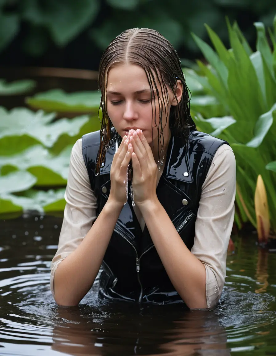 photo of young woman, in soaking wet, drenched clothes,
ankle boots, white pants, slim fit black biker leatherjacket,  tight turtleneck sweater, handbag, pearl necklace, Fifteen years old shocked horny blonde teenage girl with her Friends holds her hand over her mouth and nose half submerged in sunny lake with water lilies after diving, 
enjoying, wet clothes stuck to body,
detailed textures of the wet clothes, wet face, wet plastered hair,
wet, drenched, professional, high-quality details, full body view.
sharp focus, ultra-high pixel detail, realistic, high-quality, full colors, incredibly detailed, 4k, 8k, 16k, hyper-realistic, RAW photo, masterpiece, ultra-detailed, professionally color graded, professional photograph, Fifteen years old, completely soaked, completely dripping wet from head to toe, very wet clothes, sleek long straight hair, worried and embarrassed facial expression, slight yawn, moaning,  all girls wear different styles of clothes, she takes her handbag with her in the water, a lot of people stands in the background, close-up, view from above, highly realistic representation, ultra sharp focus, highly photorealistic detailed facial features and expressions, highly photorealistic hands, highly best quality, highly sharp photorealistic image, highly photorealistic details, highest photorealistic wet clothes, full UHD resolution, highest photorealistic sharpness of the image, 32 K