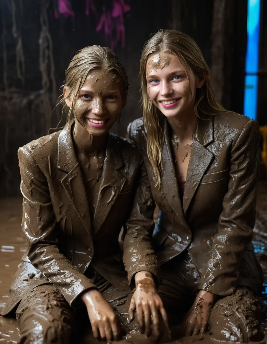 photo of young woman, in soaking wet, drenched clothes,
Muddy high heels, Long very muddy suit pants, Full muddy ruined fully-opened blazer like a fancy uniform over topless with exposed clean boobs., Muddy party in a dark muddy indoor club. Mud splashed walls with mud-flooded floor. Dark mood lighting with pink and blue neon lights. Muddy furnitures and mud-covered chairs and sofas in the background., 
enjoying, wet clothes stuck to body,
detailed textures of the wet clothes, wet face, wet plastered hair,
wet, drenched, professional, high-quality details, full body view.
sharp focus, ultra-high pixel detail, realistic, high-quality, full colors, incredibly detailed, 4k, 8k, 16k, hyper-realistic, RAW photo, masterpiece, ultra-detailed, professionally color graded, professional photograph, Two young pretty cute innocent blonde teen 13 years old girls are sitting in a deep muddy pool while they are hugging each other. They are wearing their fully and heavily mud-covered opened suits. Thick mud on their blazers. Every small details of the clothes are muddy, but their faces, their chests and their boobs are clean for the photo. Their blazer has the same colour as their muddy pants. They are proudly wearing their expensive open blazers. The classy elegant room is totally destroyed by mud, deep liquid mud on the bed, on the floor, mud spots everywhere, mud flows down on the walls, muddy pillows, muddy bedsheets. Straight very long open wavy hairstyle, muddy hair, smiling and beautiful clean faces, blue eyes, earrings, lipstick. The girls are enjoying to being total muddy on the bed, being sexy, naughty while they are enjoying the muddy fetish party. Realistic boobs and photorealistic detailed smiling facial expressions. Intimate close-up picture about the women from above. Close-up photo, highly realistic representation, ultra sharp focus, highly photorealistic detailed textures, highly photorealistic detailed facial features and expressions, highly photorealistic hands, highly emotional reactions, highly best quality, highly sharp photorealistic image, highly photorealistic details, full UHD resolution, 32 K, very high level of detail and image sharpness, zoomed in